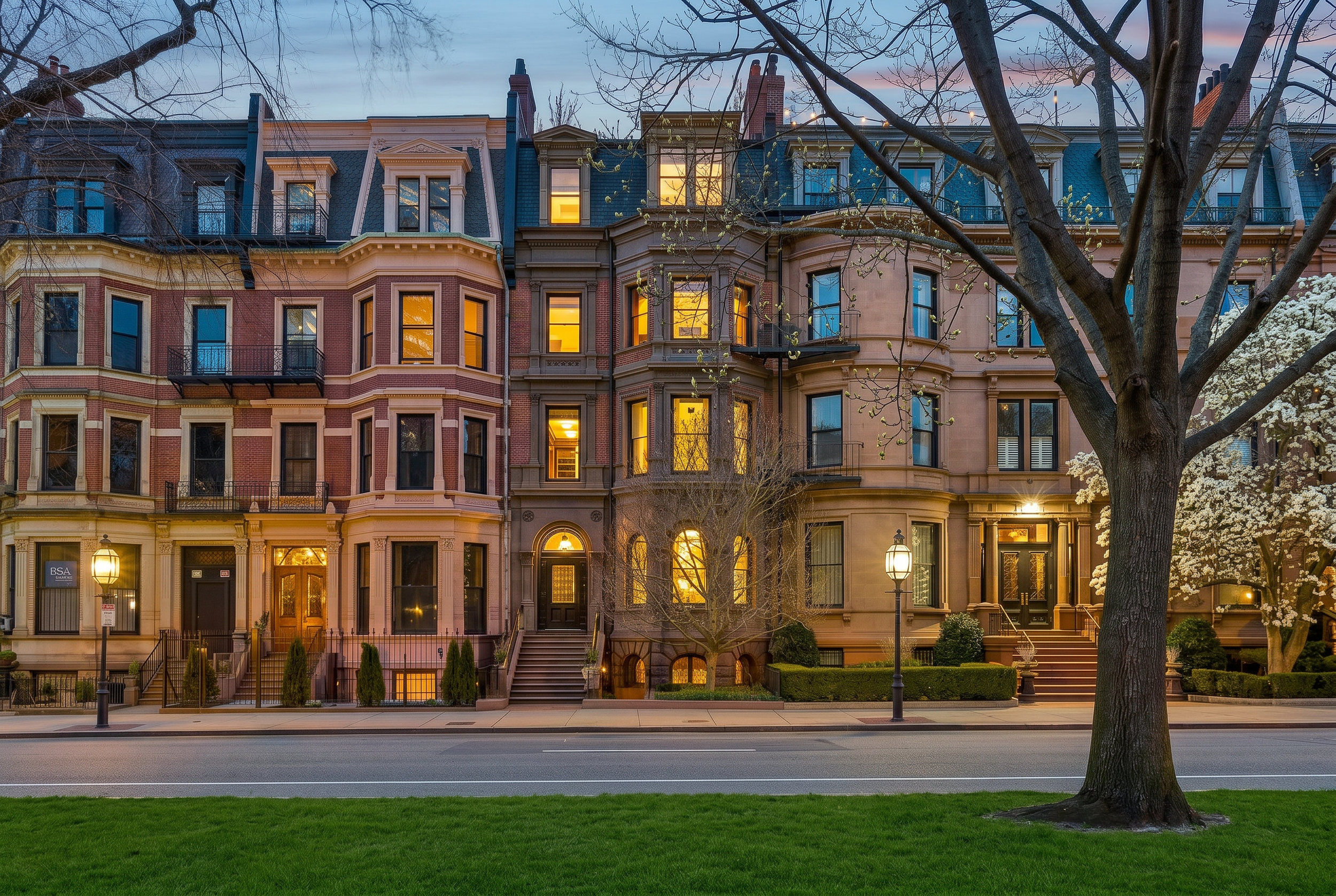 A row of classic brownstone-style apartment buildings at dusk, with lights on inside, a tree in the foreground, and a well-maintained green lawn at street level.