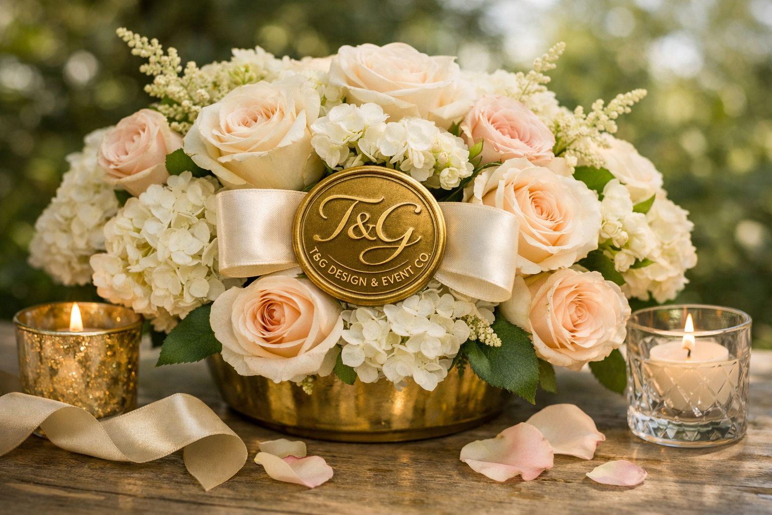 A floral arrangement with cream and blush roses, white hydrangeas, and greenery in a gold bowl. The arrangement features a gold emblem with 'T&G' and 'T&G Design & Event Co.' on a cream satin ribbon. Two candles in glass holders flicker on either side, and petals are scattered on a wooden surface.