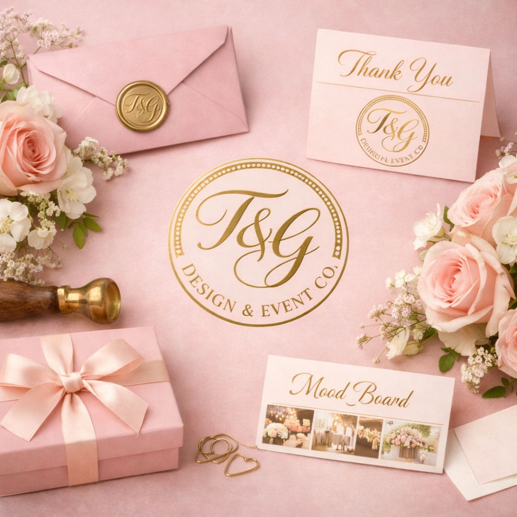 Wedding or event planning decor items with pink theme, including an envelope with a wax seal, thank you card, mood board, and a pink gift box with ribbon, surrounded by pink and white flowers and gold accessories.