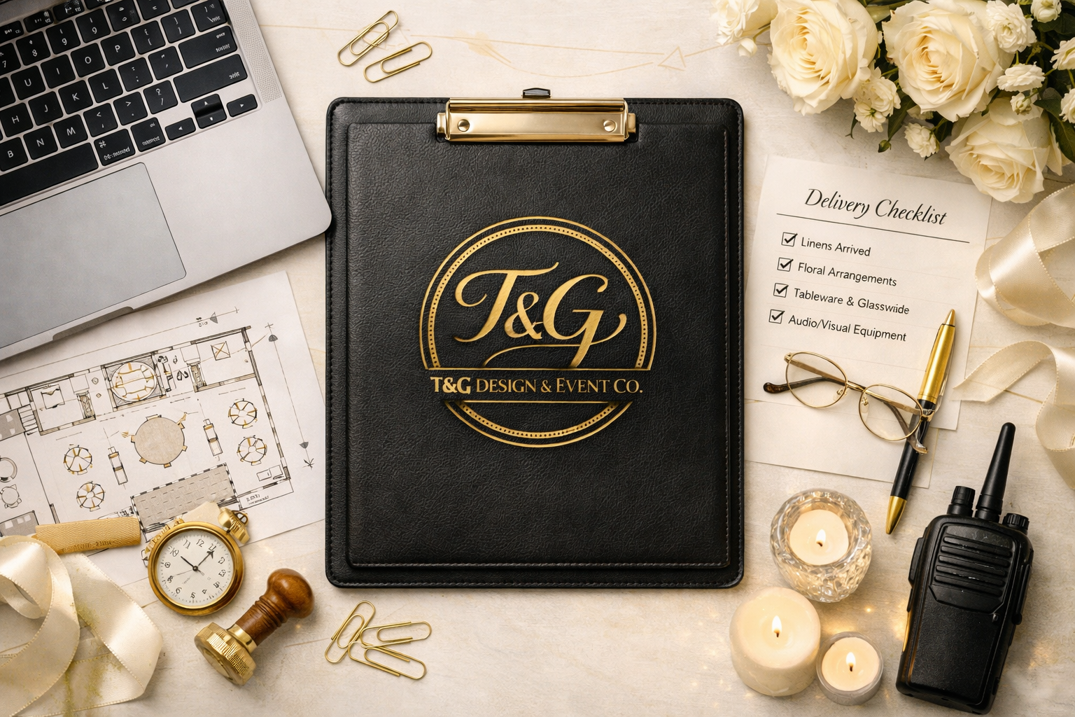Arrangement of wedding planning items including a black clipboard with gold logo, a laptop, wedding floor plan, checklists, gold pens, sample candles, glasses, walkie-talkie, paper clips, a stopwatch, and flowers.