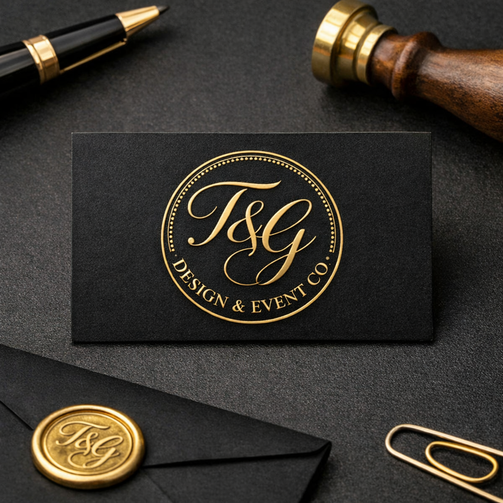 Black business card with gold foil lettering and logo for T&G Design & Event Co. on a black textured surface, alongside a gold wax seal, a black and gold pen, an envelope, a rubber stamp, and a gold paperclip.
