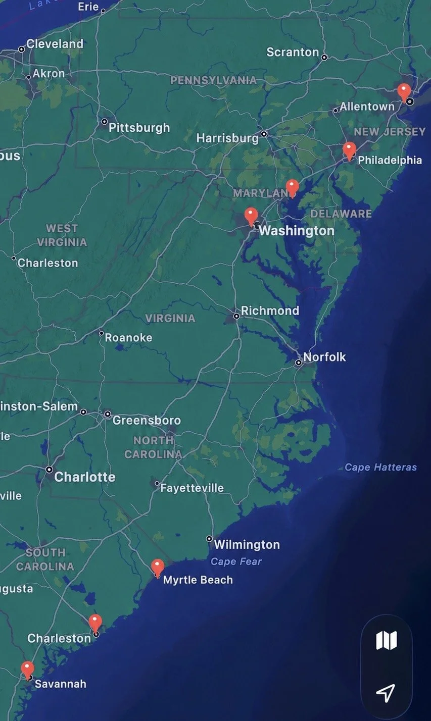 Map of the eastern United States highlighting major cities and several points marked with red pins, including Washington, Philadelphia, New York City, Myrtle Beach, Charleston, Savannah, and others.