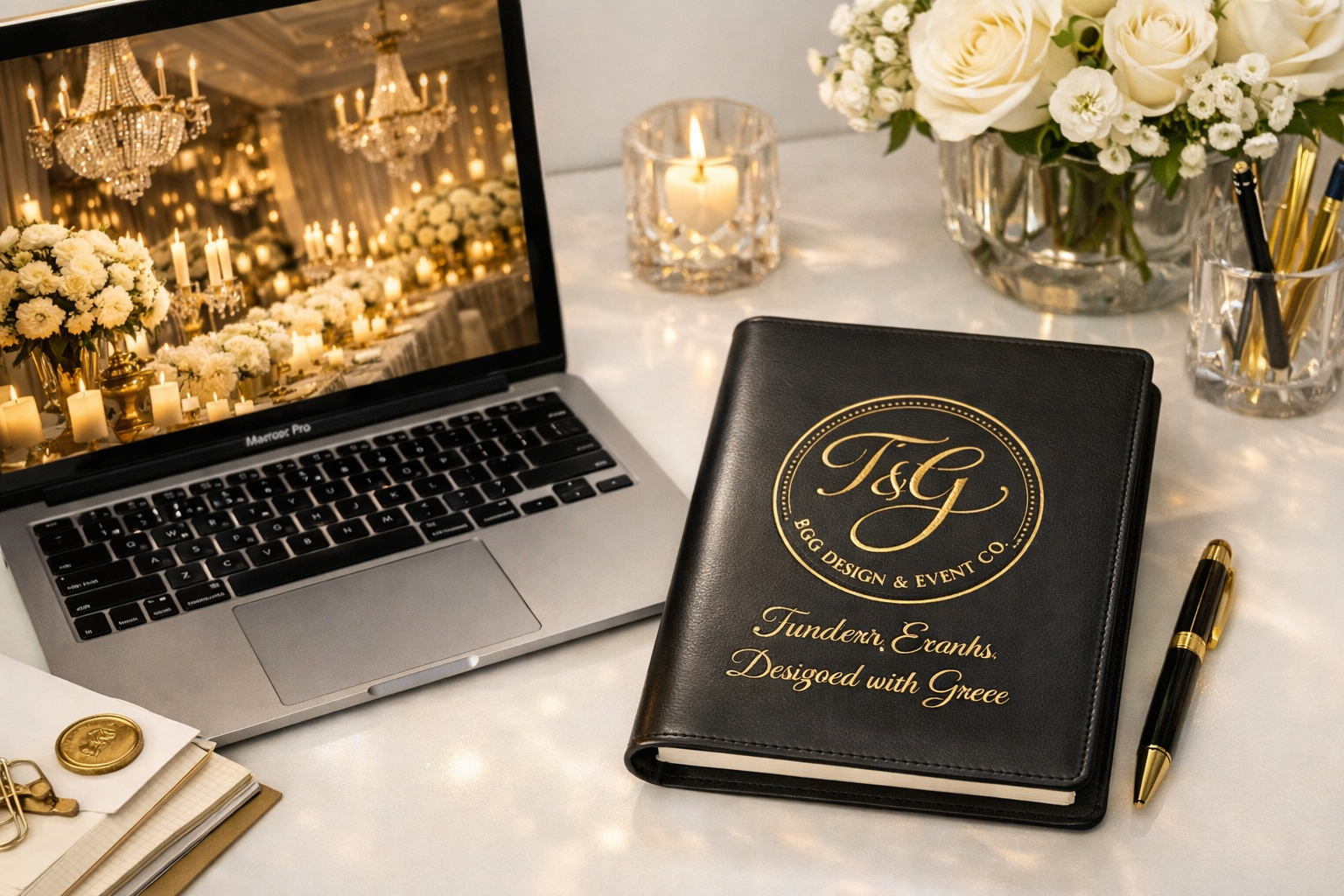 A workspace with a laptop showing a decorated event hall, a black planner with gold lettering for a cake design and event company, a gold pen, and floral arrangements, candles, and pens on the table.