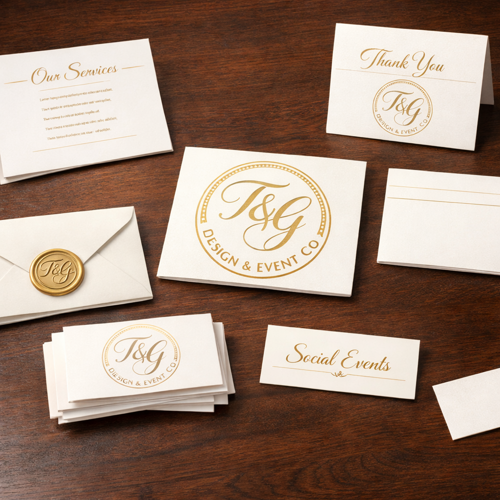 A collection of elegant printed stationery for T&J Design & Event Co, including business cards, thank you cards, a sealed envelope with a wax stamp, and informational cards, all with gold lettering and branding on a wooden surface.