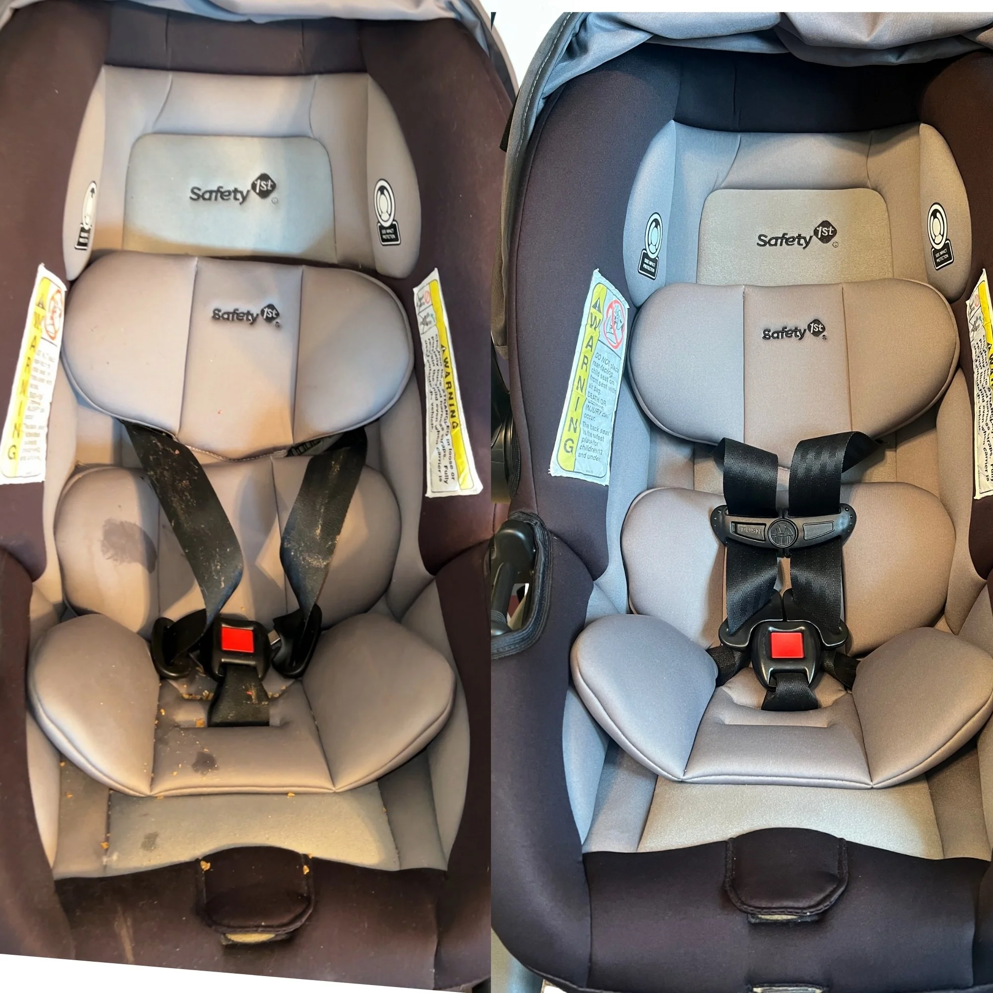 Comparison of two car seats, one dirty and worn out on the left, and one clean and new on the right.