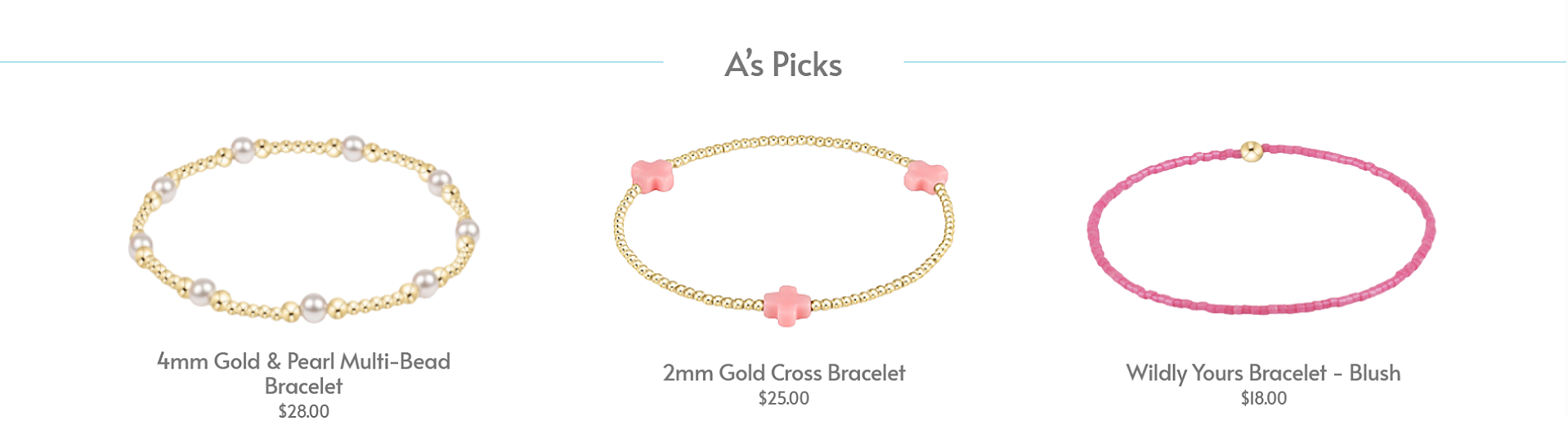 Display of three jewelry bracelets with descriptions and prices below each.