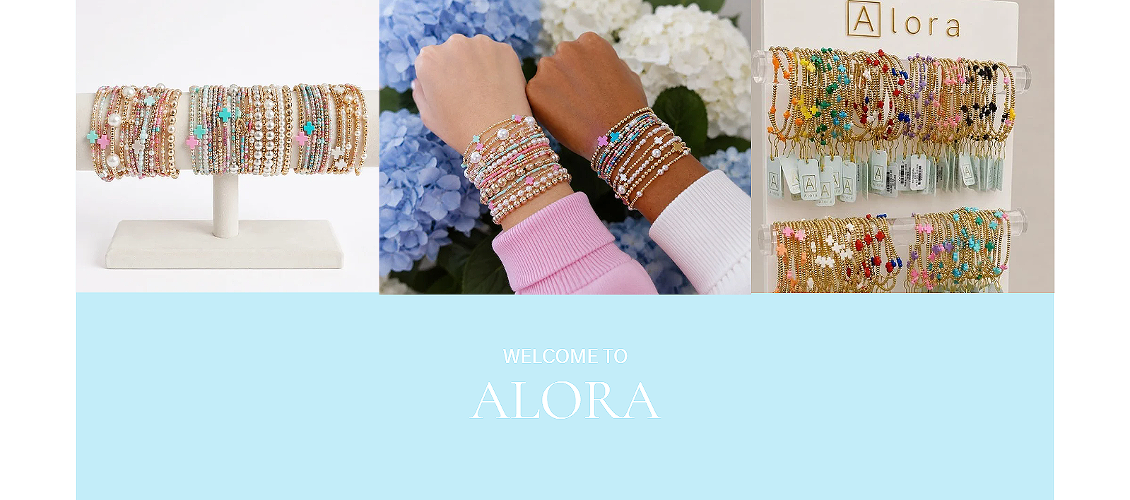 Display of colorful beaded bracelets and jewelry on a stand, with a person showing off several bracelets on their wrists, and a sign that says 'Alora' indicating a jewelry store or brand.