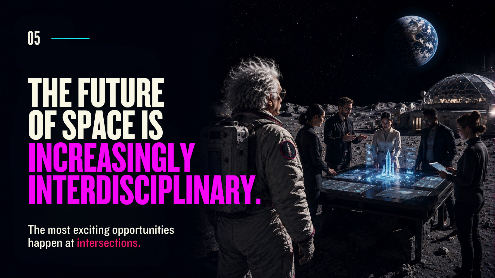 Einstein observes a diverse team gathered around an illuminated digital planning table on a lunar base. Headline: “The Future of Space Is Increasingly Interdisciplinary.”