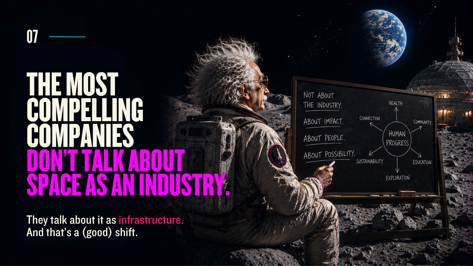 Einstein sketches ideas on a chalkboard connecting space to health, education, sustainability, exploration, and human progress. Headline: “The Most Compelling Companies Don’t Talk About Space as an Industry.”