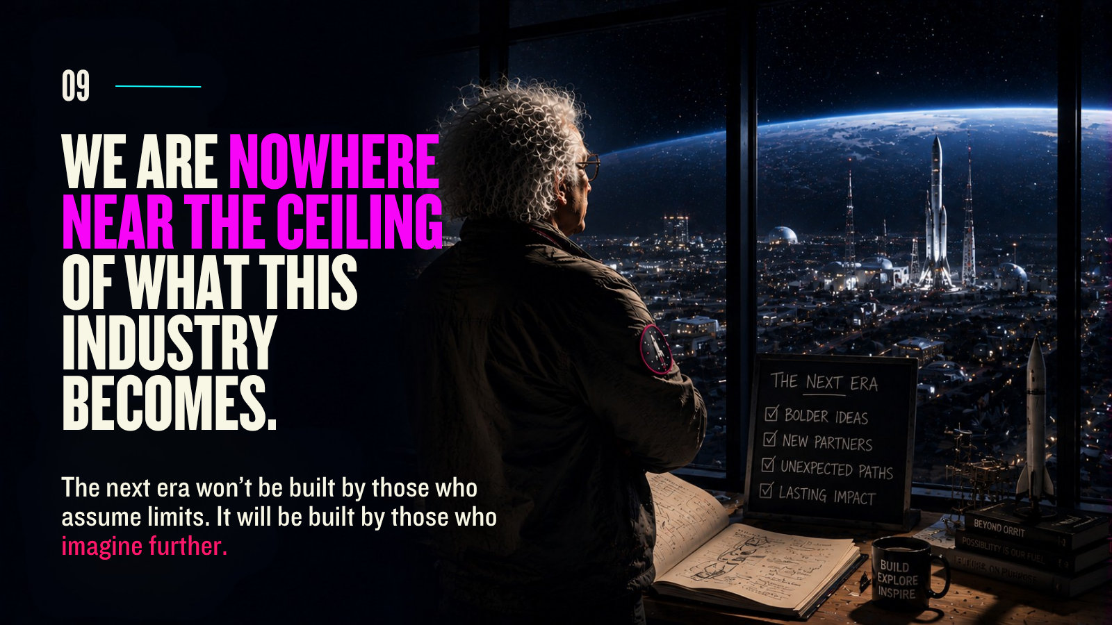 Einstein looks out over a futuristic spaceport city filled with rockets and advanced infrastructure beneath Earth’s horizon. Headline: “We Are Nowhere Near the Ceiling of What This Industry Becomes.”