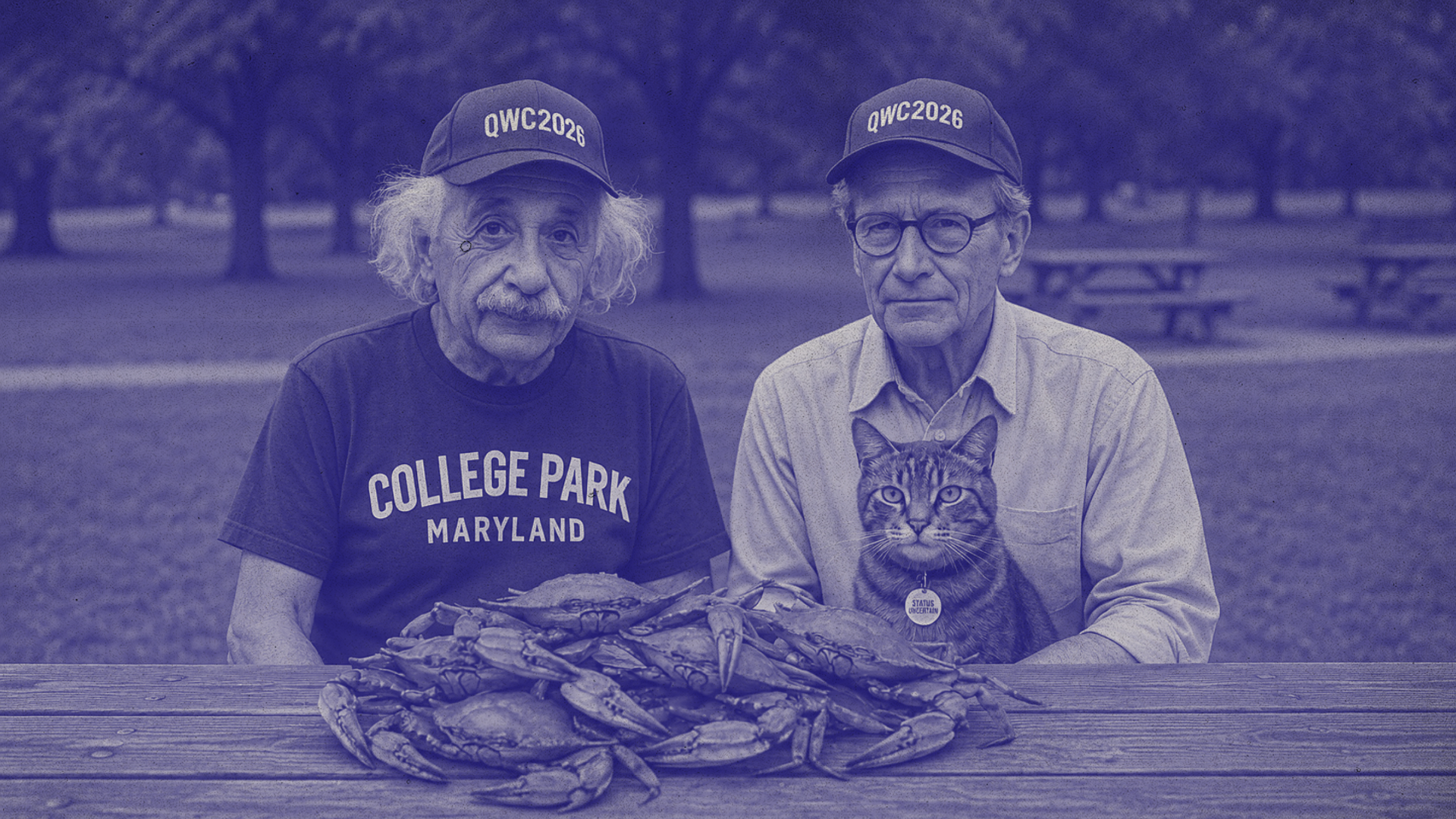 Albert Einstein and Erwin Schrödinger, wearing QWC 2026 caps, sit at a picnic table with Schrödinger’s cat and a feast of Maryland blue crabs in a park setting.