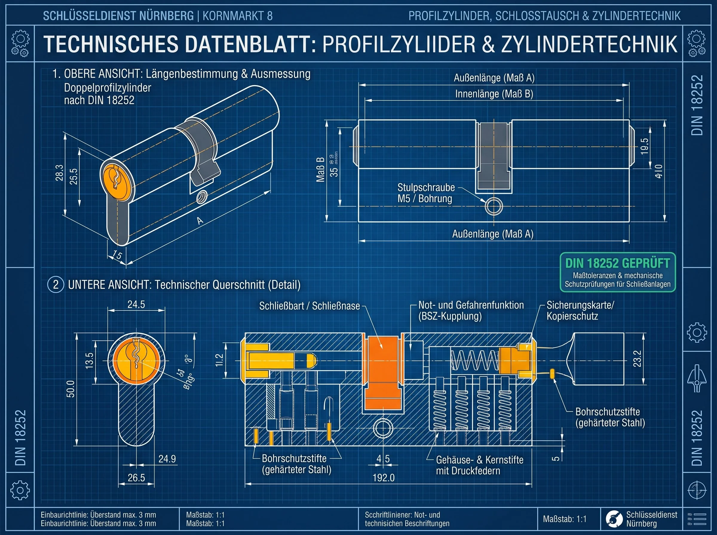 Deutsch: Technische Parameter und Ausmessung von Profilzylindern nach DIN 18252 (A-Maß, B-Maß) | Schlüsseldienst Nürnberg

Englisch: Technical blueprint showing profile cylinder measurements (A-length, B-length) according to DIN 18252
