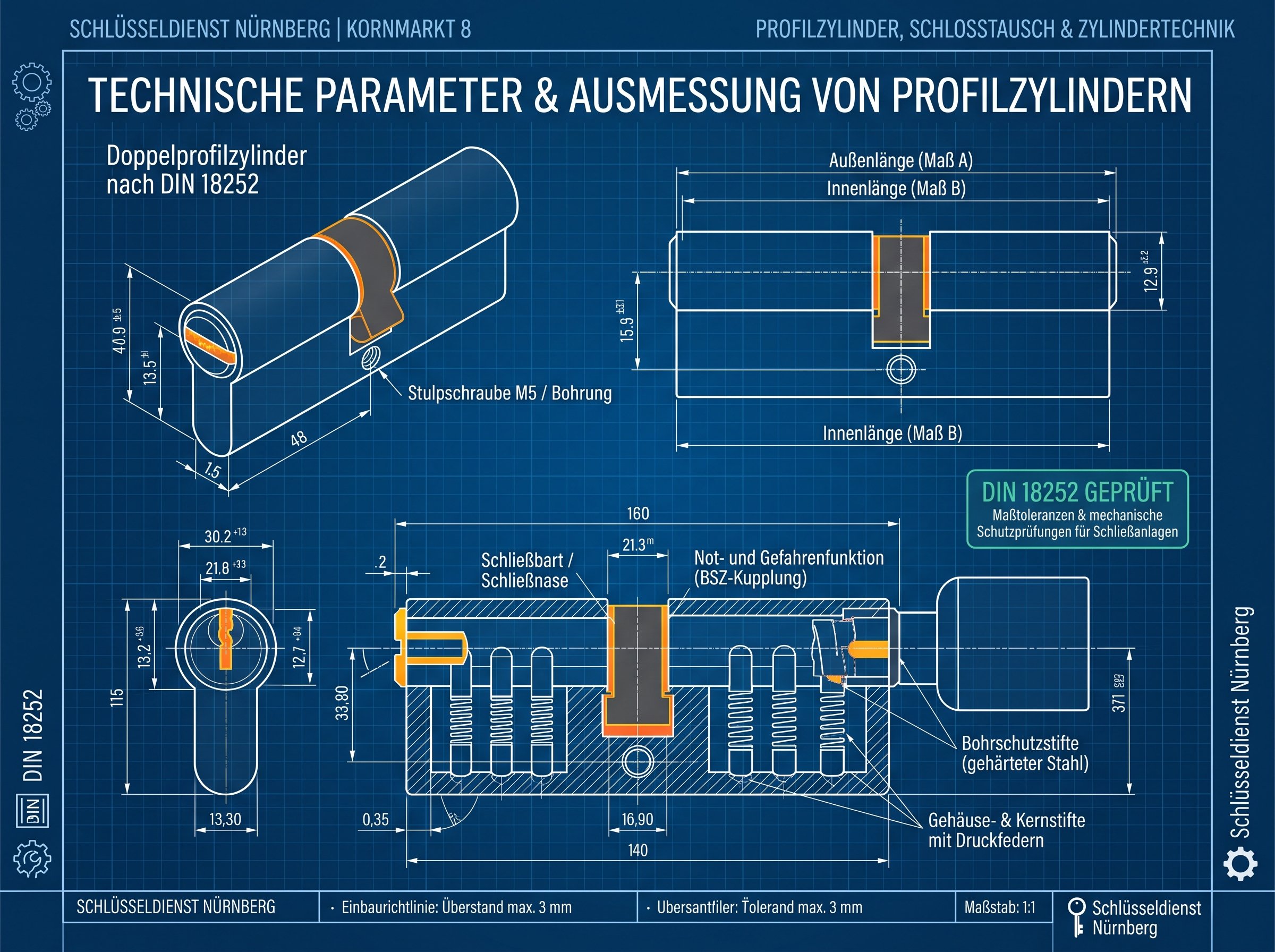 Deutsch: Mechanische Sicherheitsklassen und Schutzmechanismen (Bohrschutz BS, Zylinderziehsicherungen BZ, Schlagschutz) | Schlüsseldienst Nürnberg Kornmarkt 8

Englisch: Technical blueprint showing security features of profile cylinders including dri