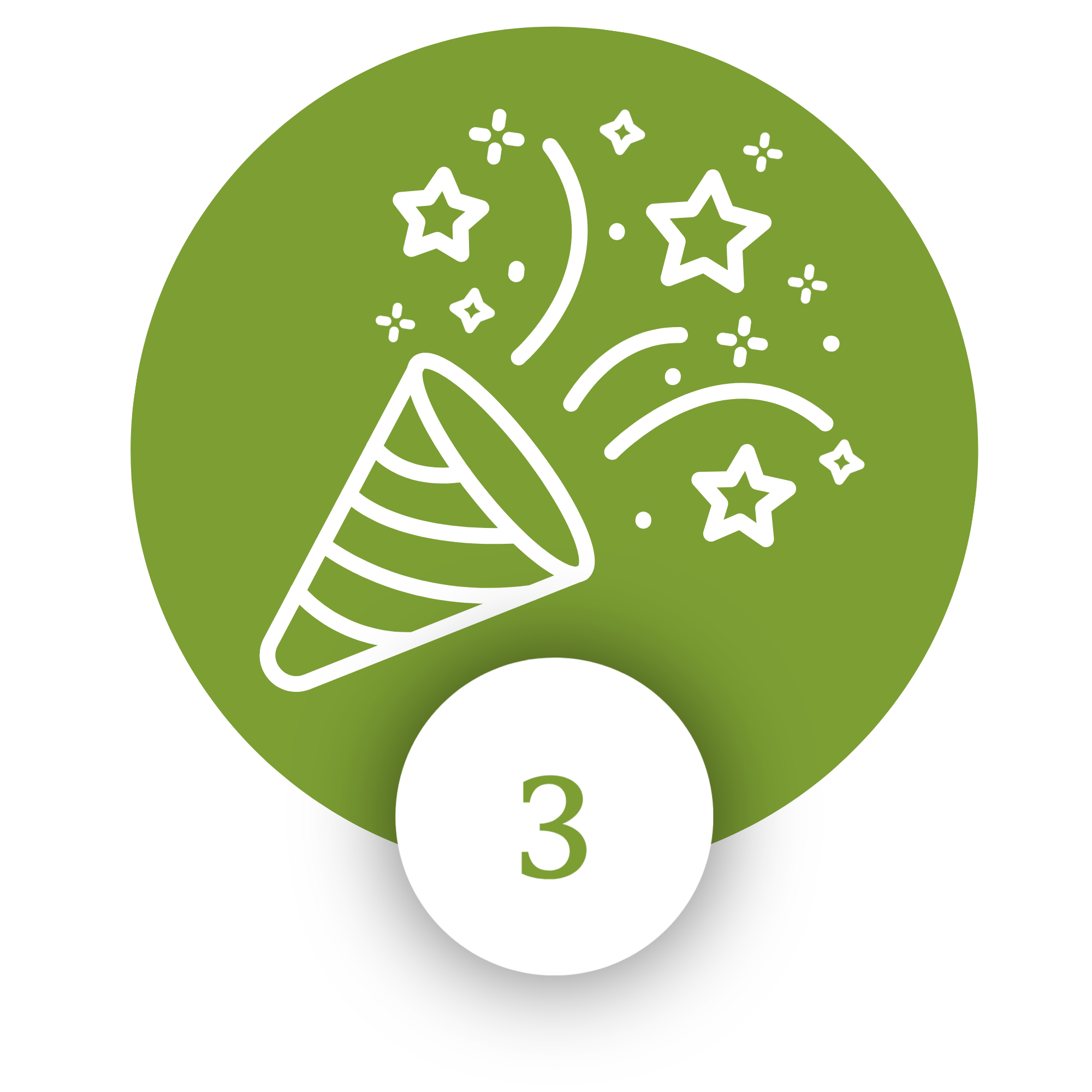 A graphic design of a party horn with stars and sparkles emerging from it, inside a green circle, with the number 3 on the white end of the horn.