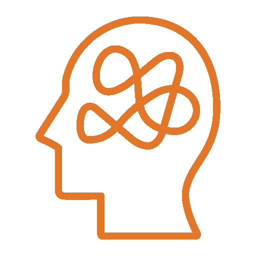 An outline of a human head with a tangled line inside representing a confusing or overwhelmed mind.