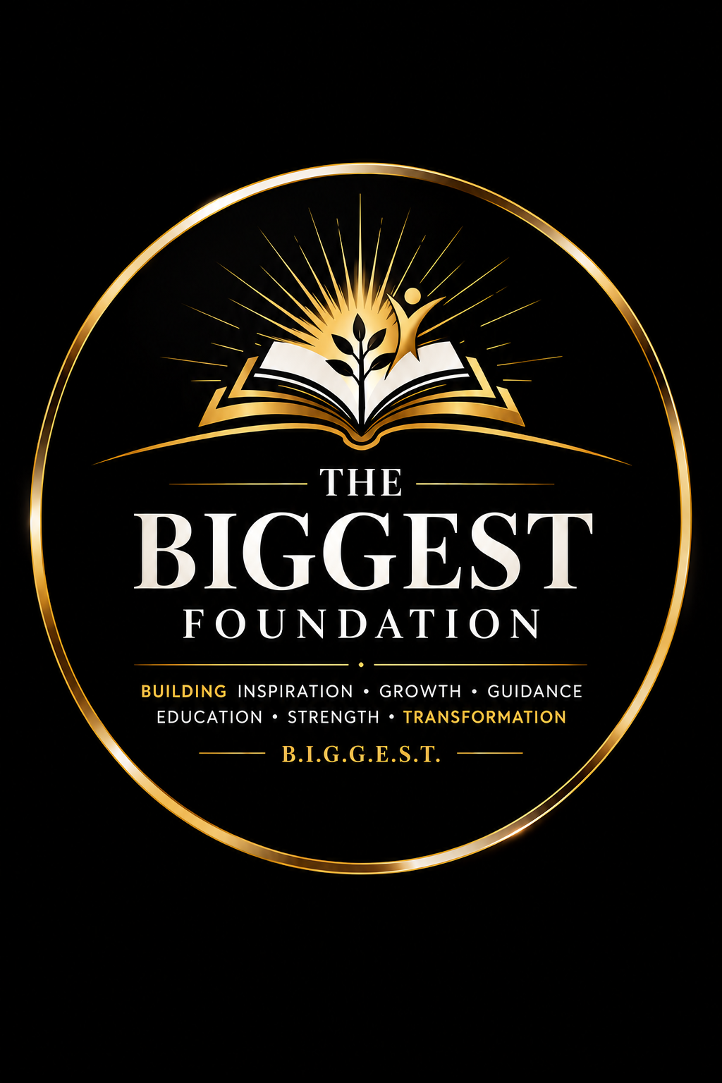 Logo of The Biggest Foundation featuring an open book with a plant sprouting inside, surrounded by rays of light, with the words 'The Biggest Foundation' and keywords like building, inspiration, growth, guidance, education, strength, and transformation.