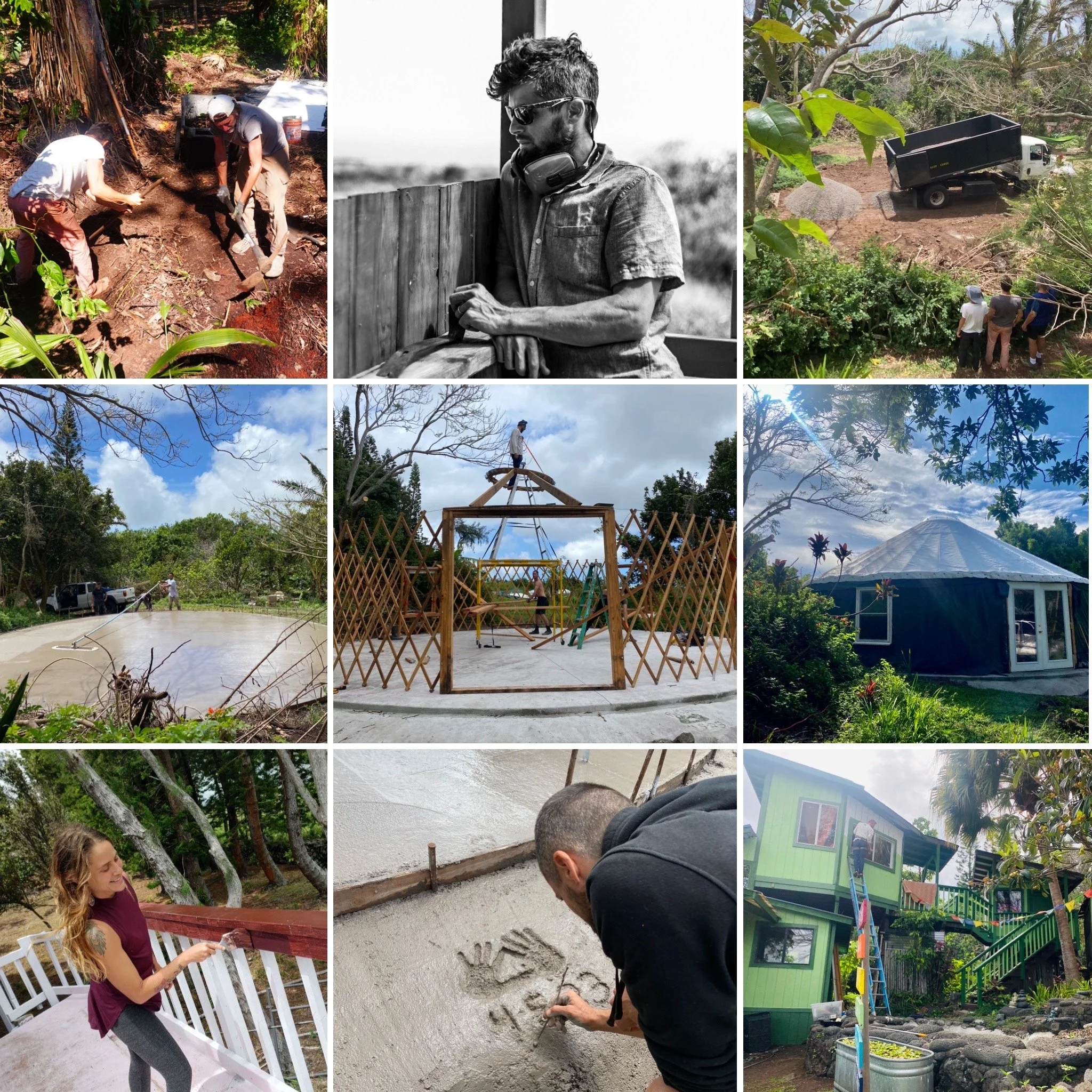 Collage of images showing people working outdoors, building, and planting in a garden or backyard setting with trees, a truck, a house, and a sandbox.