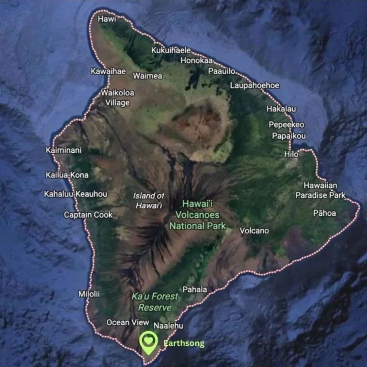 Satellite map of the island of Hawaii showing various landmarks and towns, including Hawaii Volcanoes National Park, Kilauea volcano, and the town of Hilo, with a marked Earthsong location at the southern tip.