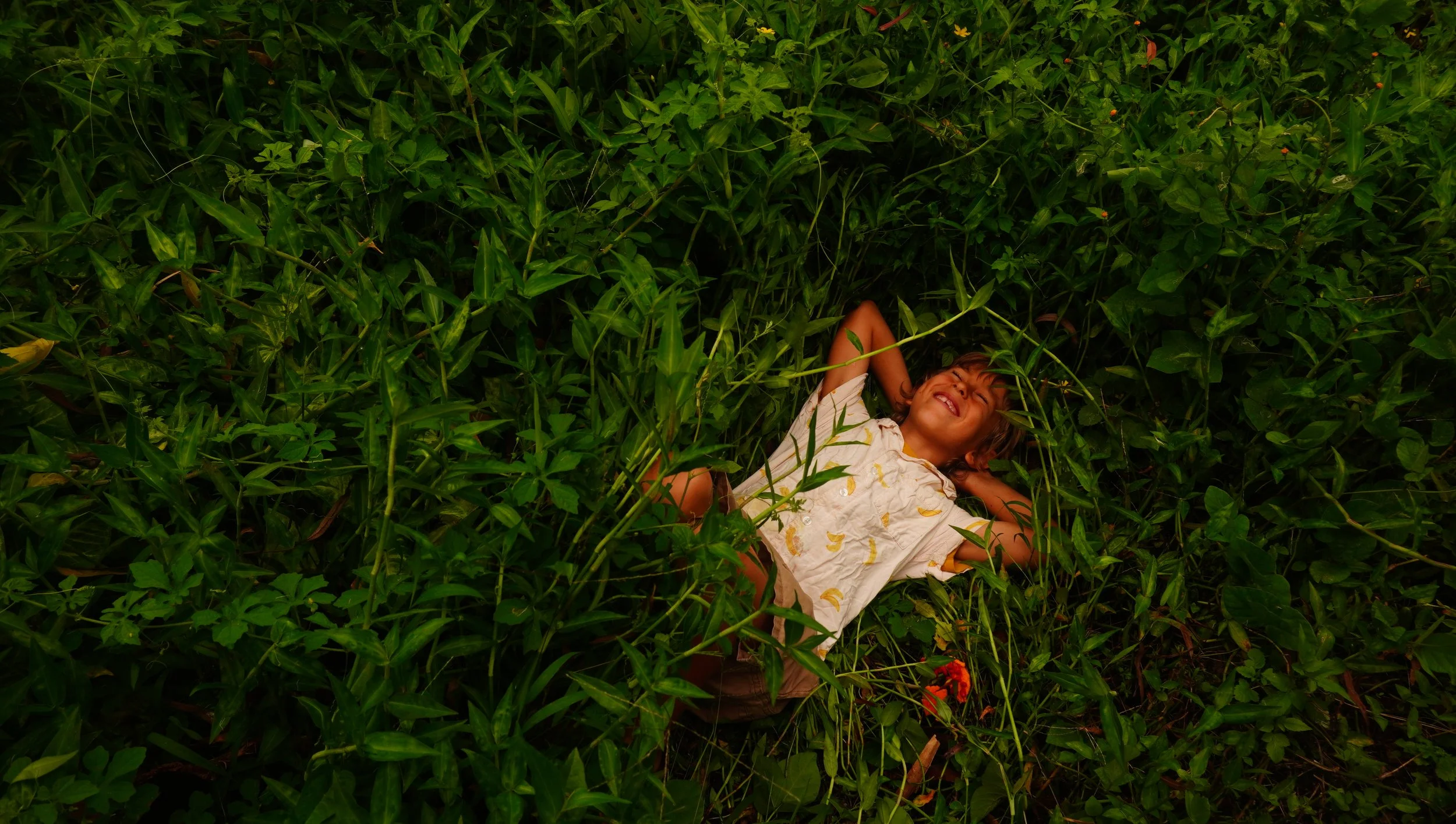 A young girl lies in a field of green plants with her hands behind her head, smiling with her eyes closed.