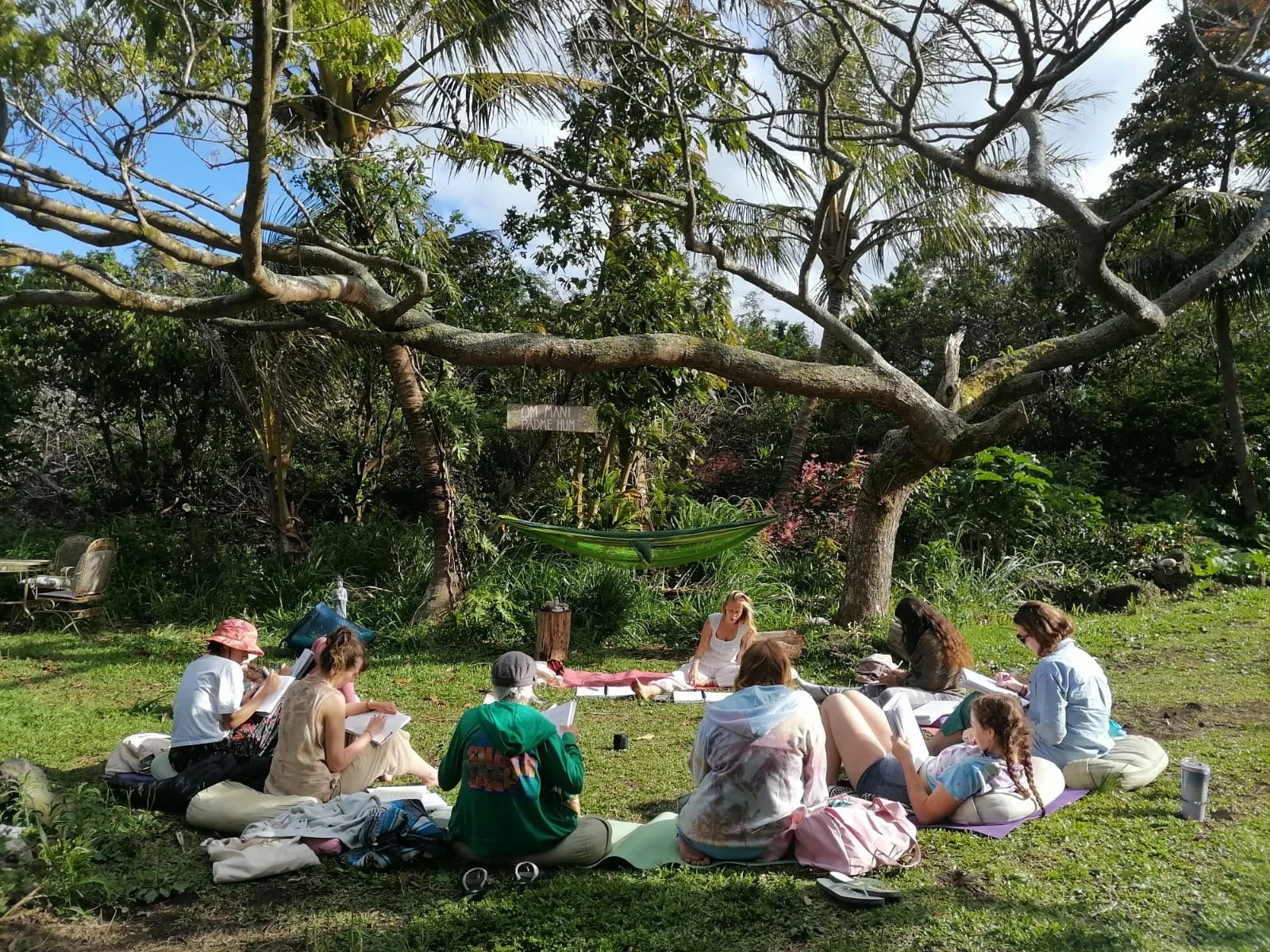 A group of people sitting on the grass under trees, participating in an outdoor yoga or meditation class on a sunny day.