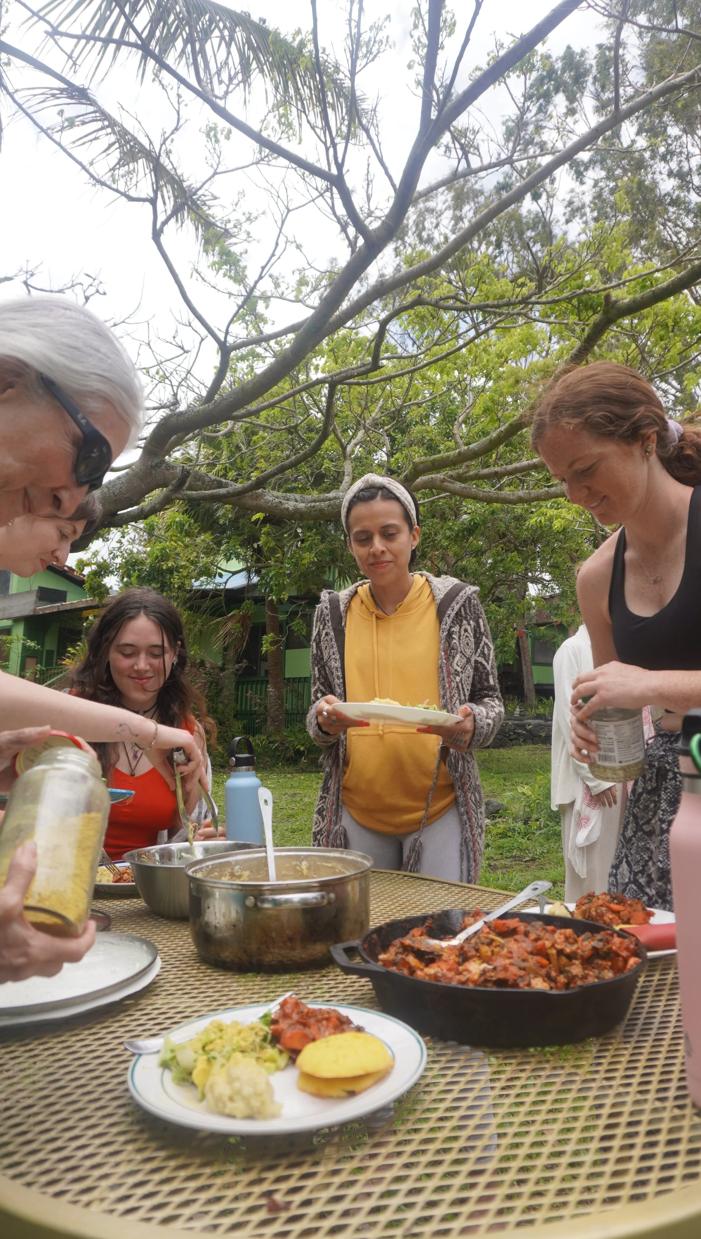 Group of people outdoors around a table with food, including a cast iron skillet of stew, a plate with mashed potatoes, bread rolls, and vegetables, under a tree with green leaves.