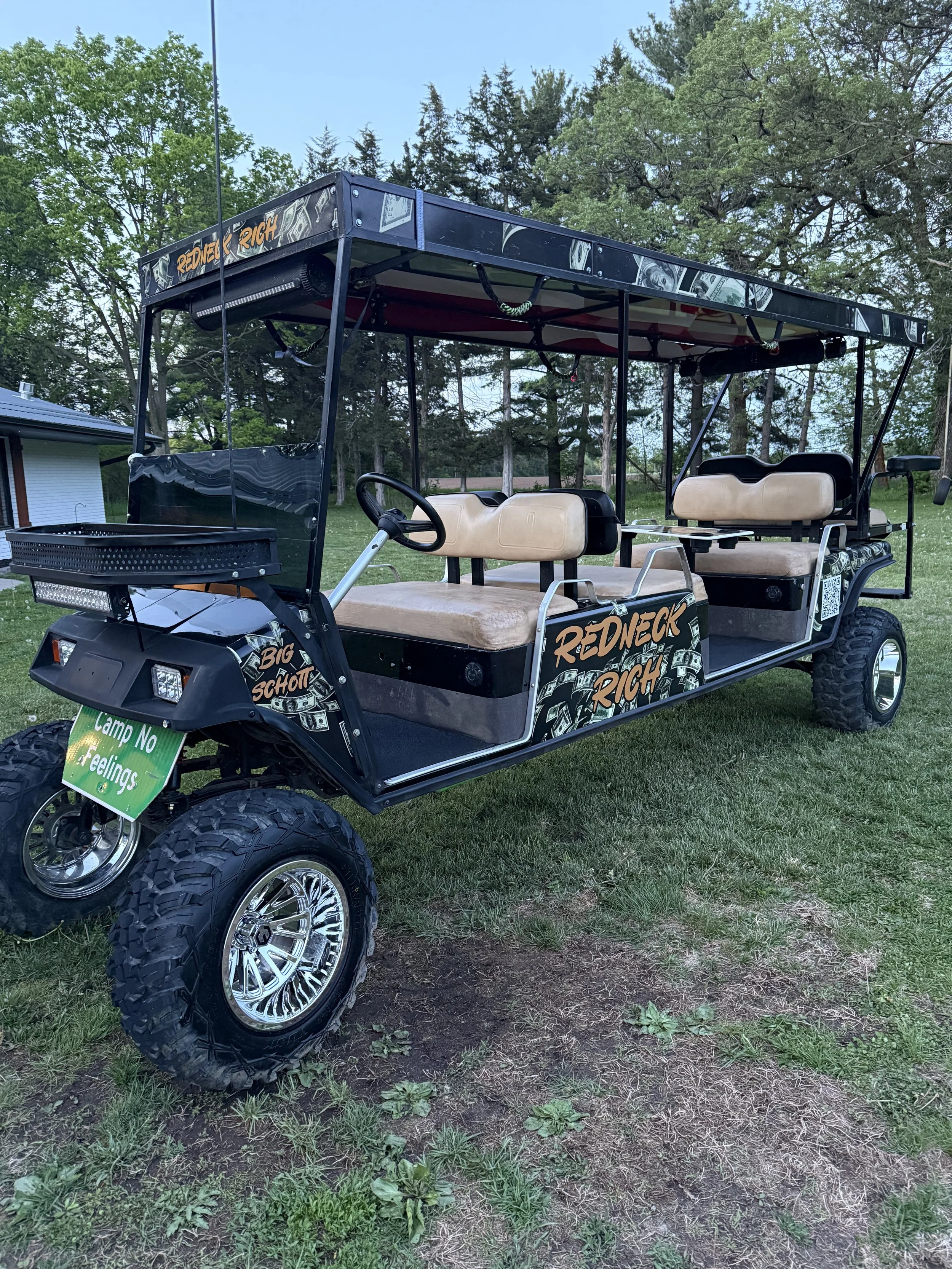 A four-seater golf cart with black frame and beige seats, decorated with dollar bill graphics and the phrases "Redneck Rich" and "Big Schott". It has large off-road tires and a small lifted suspension, parked on grass with trees in the background.
