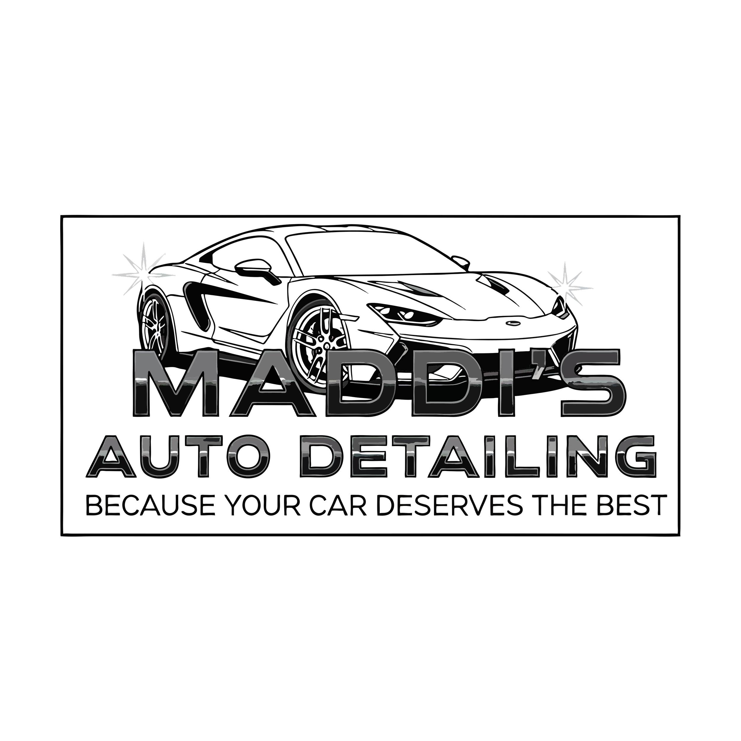 A sleek black sports car with purple accent lighting on a dark background, with the text 'MADLY AUTO DETAILING' displayed.