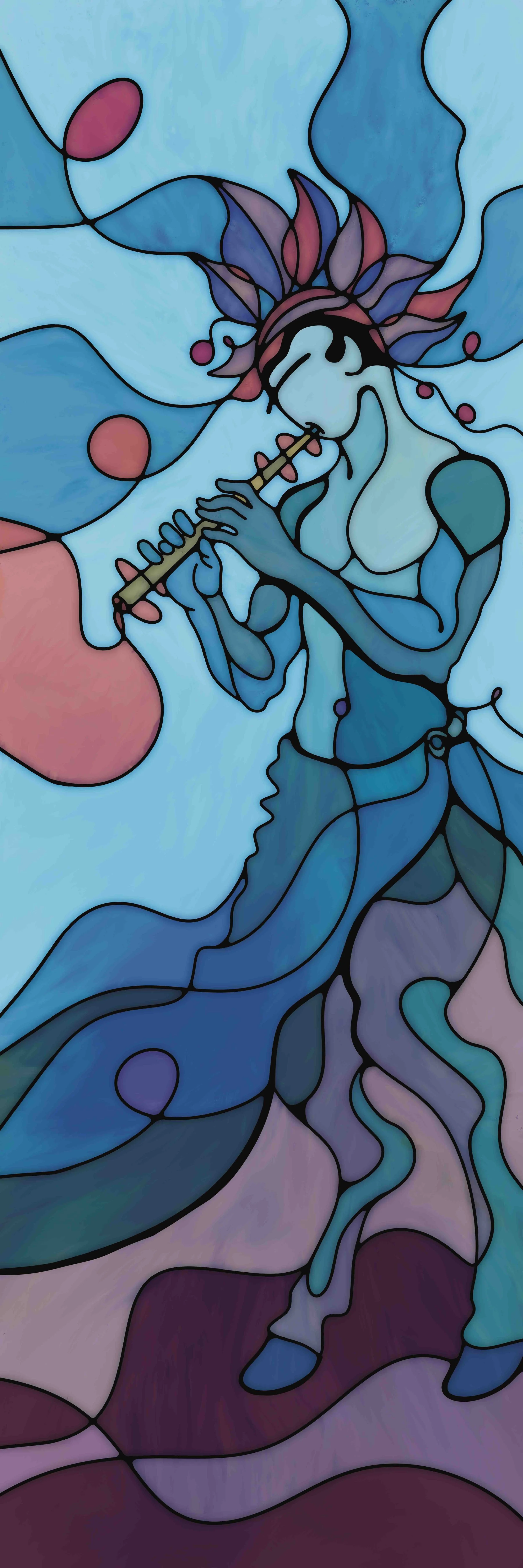 A colorful digital illustration of a woman playing a flute, with flowing hair and surrounded by abstract shapes and vibrant colors.