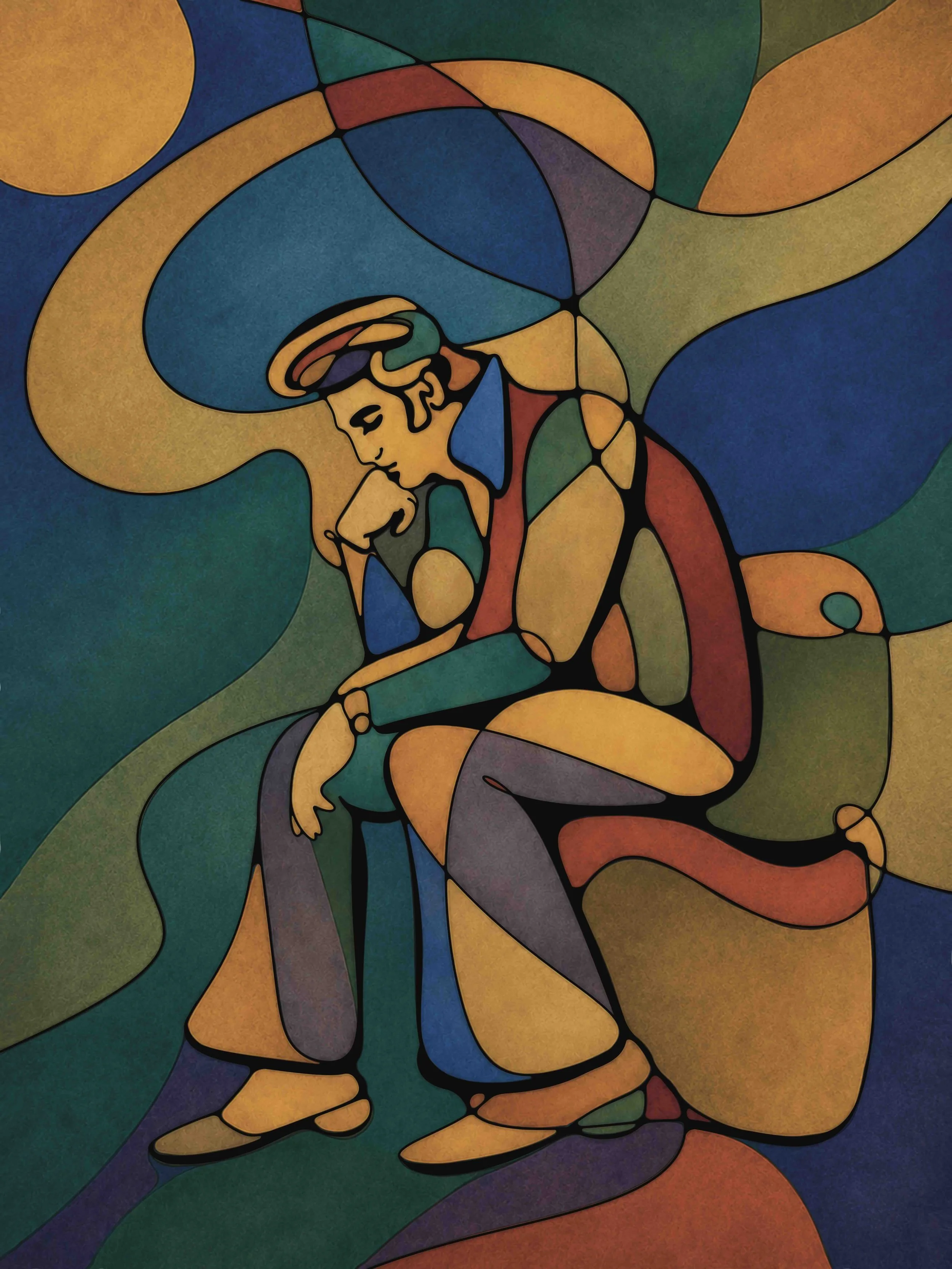 A colorful, abstract stained glass style illustration of a woman with her hands covering her face, surrounded by vibrant, flowing shapes and segments in orange, green, blue, purple, and red.