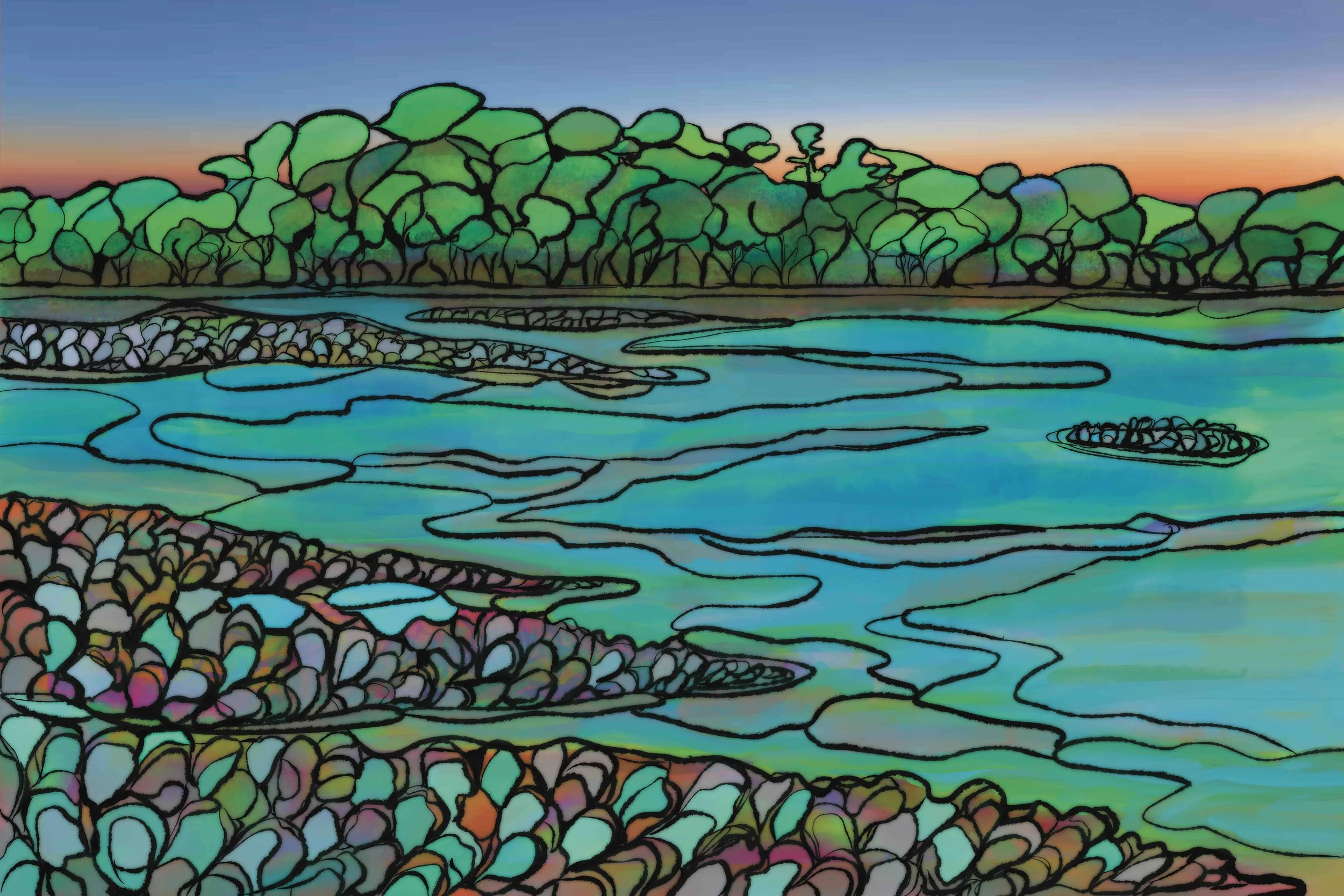 Colorful abstract landscape with a river flowing through a forest, created in stained glass style with black outlines.