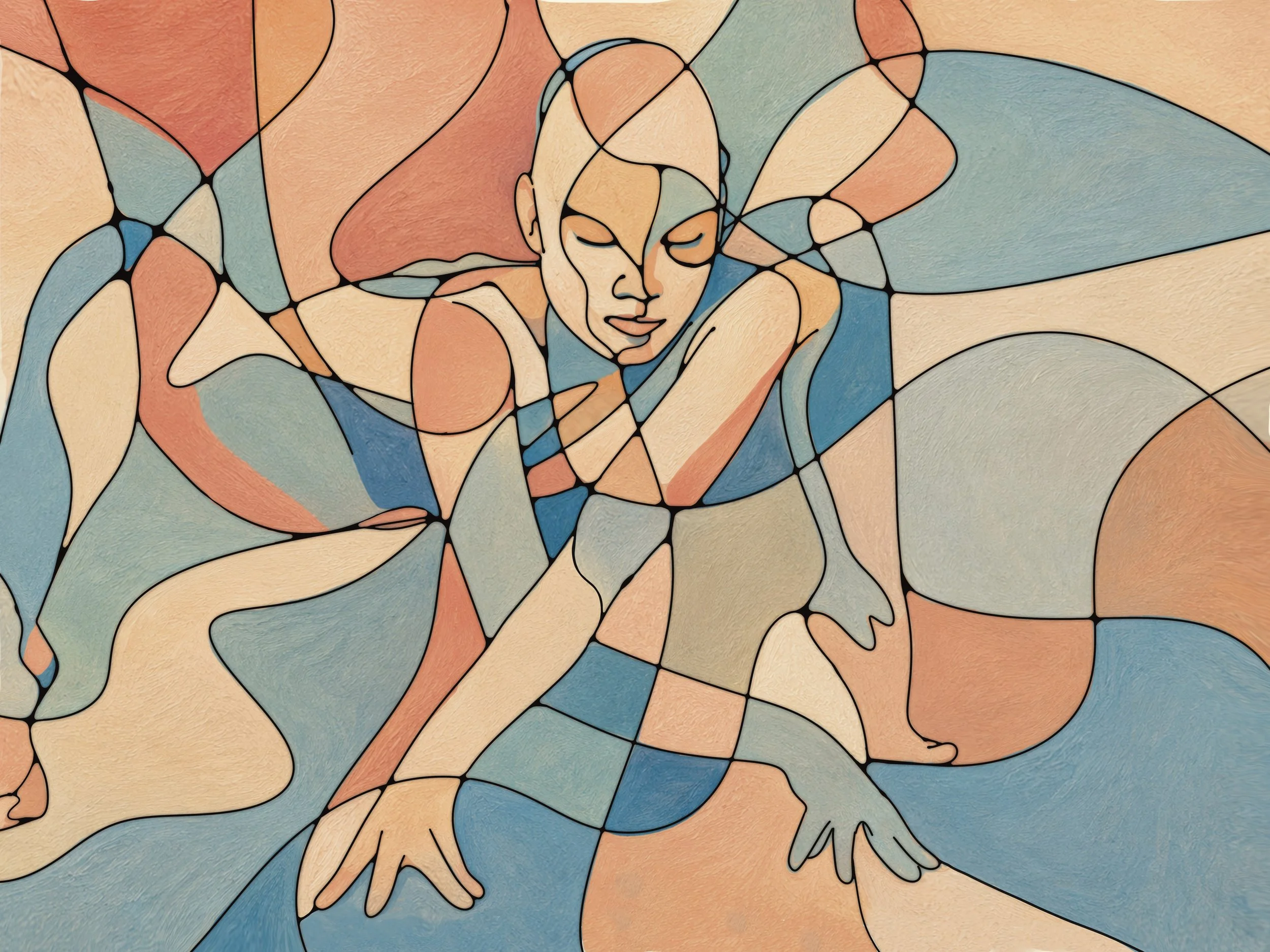 A colorful abstract stained glass artwork of a woman with long flowing hair, closed eyes, and a peaceful expression.