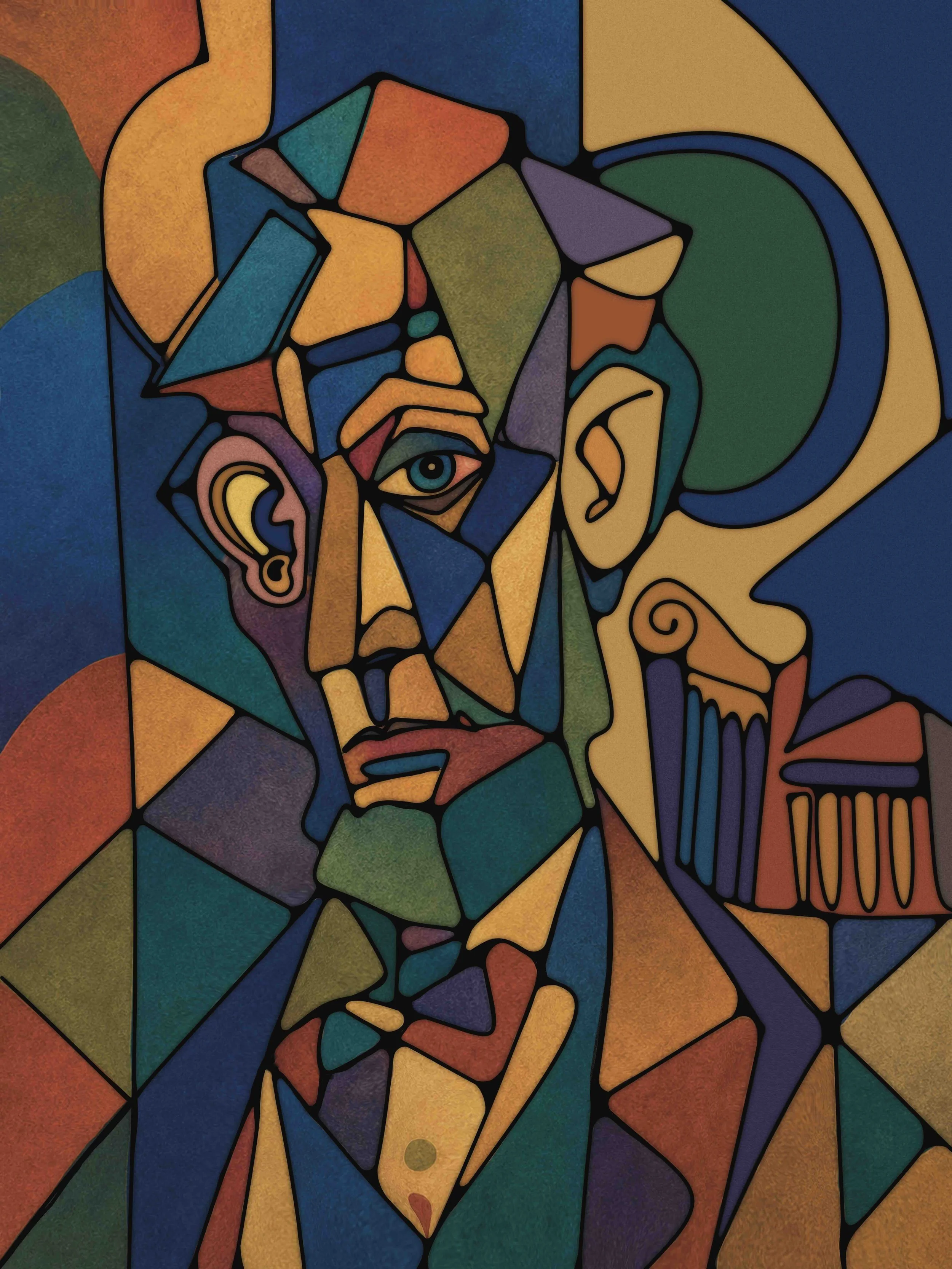 A colorful abstract painting made of irregular geometric shapes with vibrant colors like orange, blue, green, purple, and yellow, outlined in black lines.