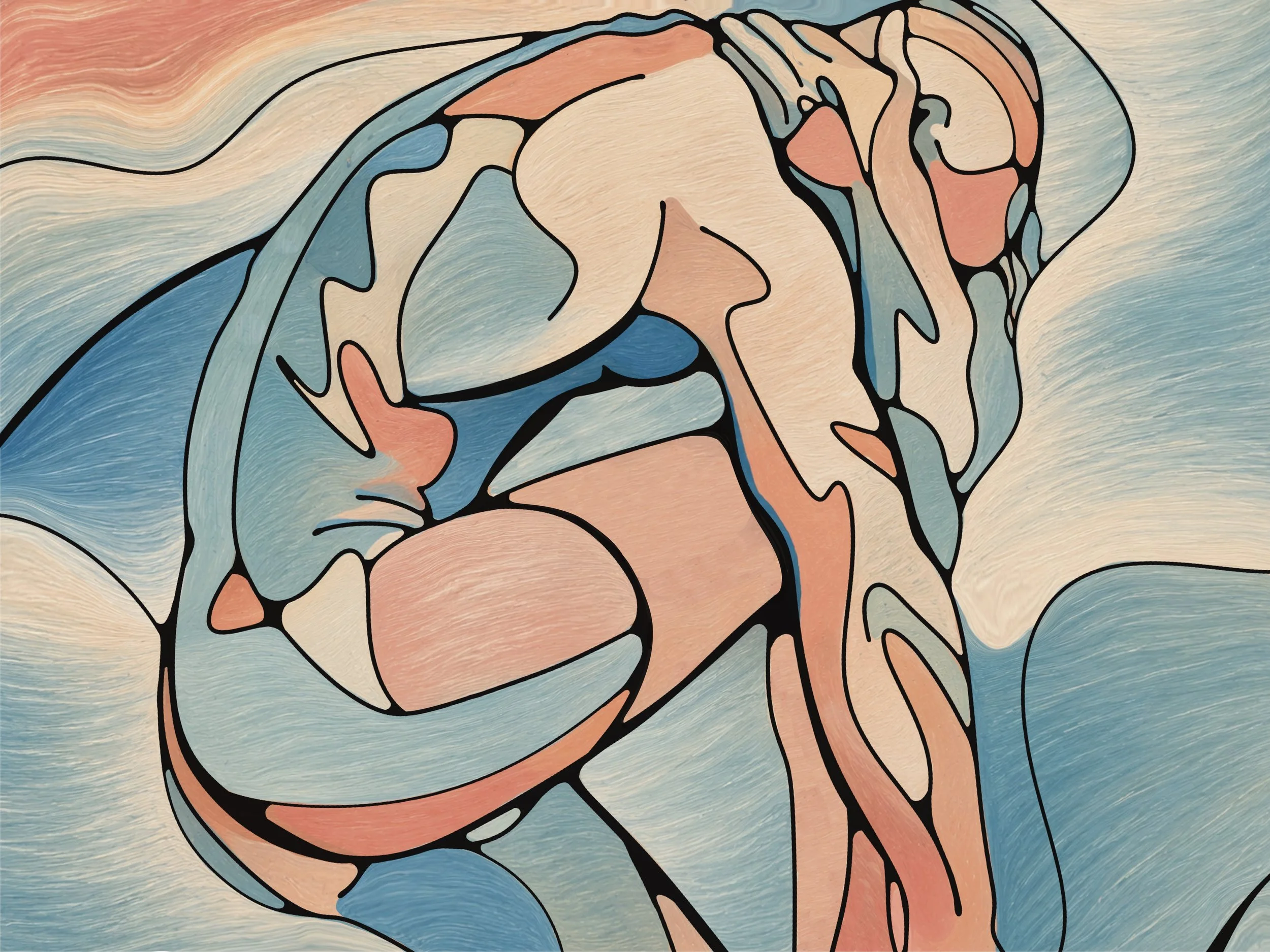Abstract artistic illustration of a human face in profile, with bold black outlines and warm pastel colors blending in the background.