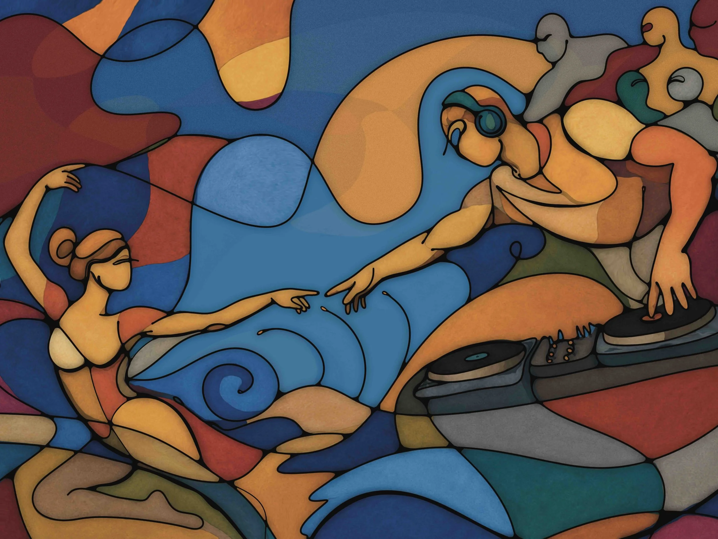Colorful abstract mural with human figures in a close embrace, using vibrant shades of blue, yellow, red, and gray, outlined in black.