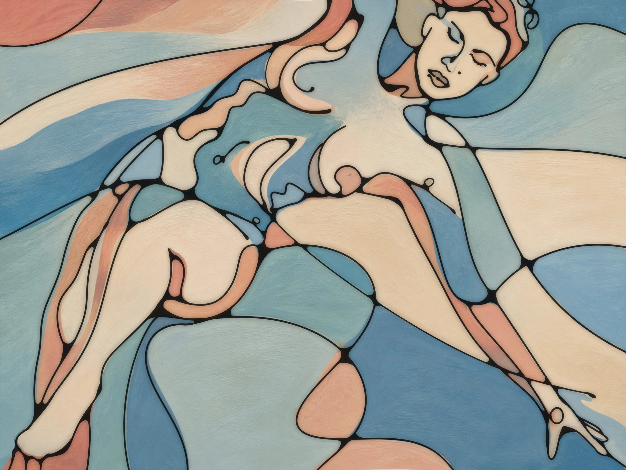A colorful abstract painting of a woman with closed eyes, painted with bold black outlines and pastel shades of blue, pink, and beige.