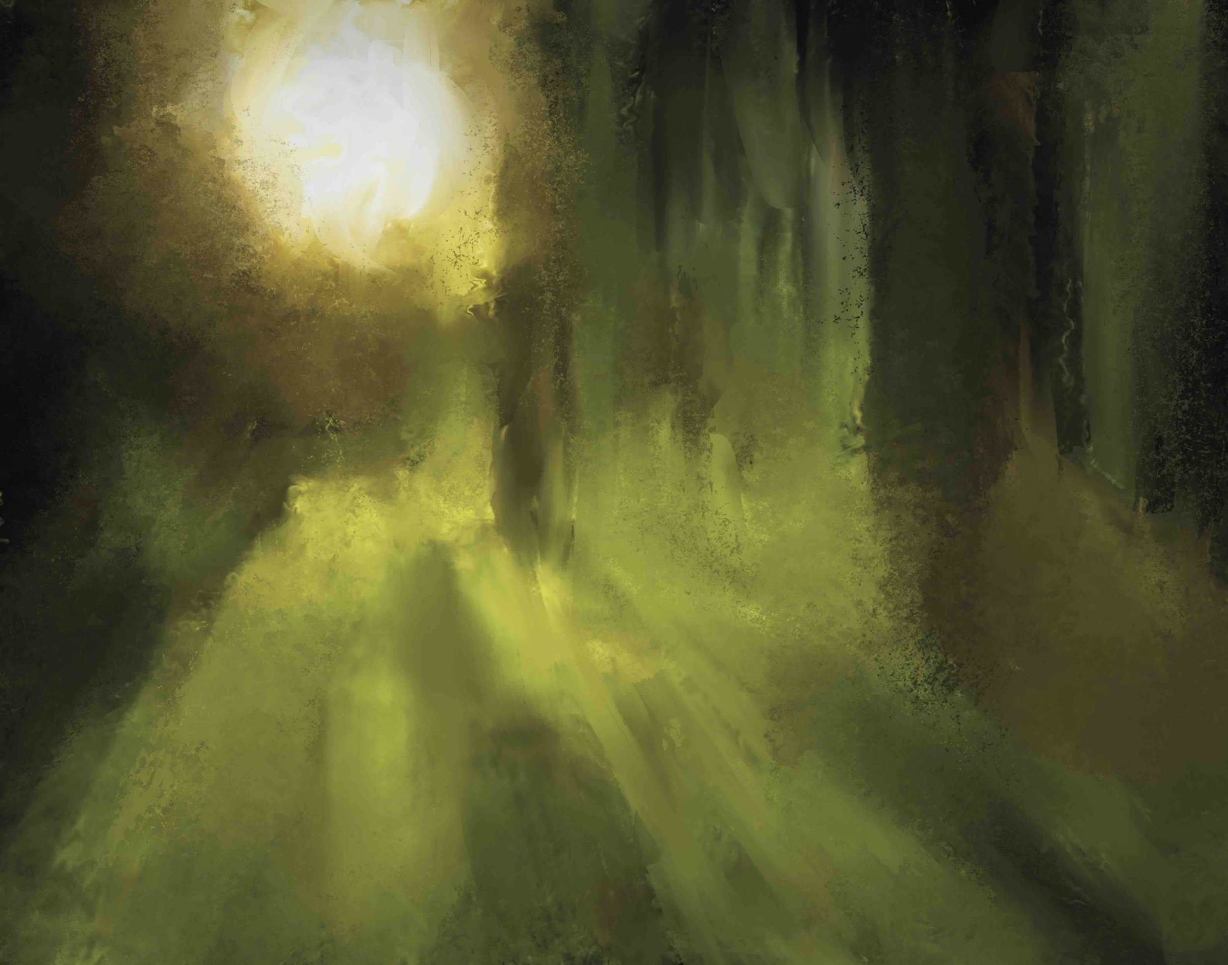 Abstract landscape with a bright yellow-green light source in the upper left, blending into darker green and black hues toward the bottom and right sides.