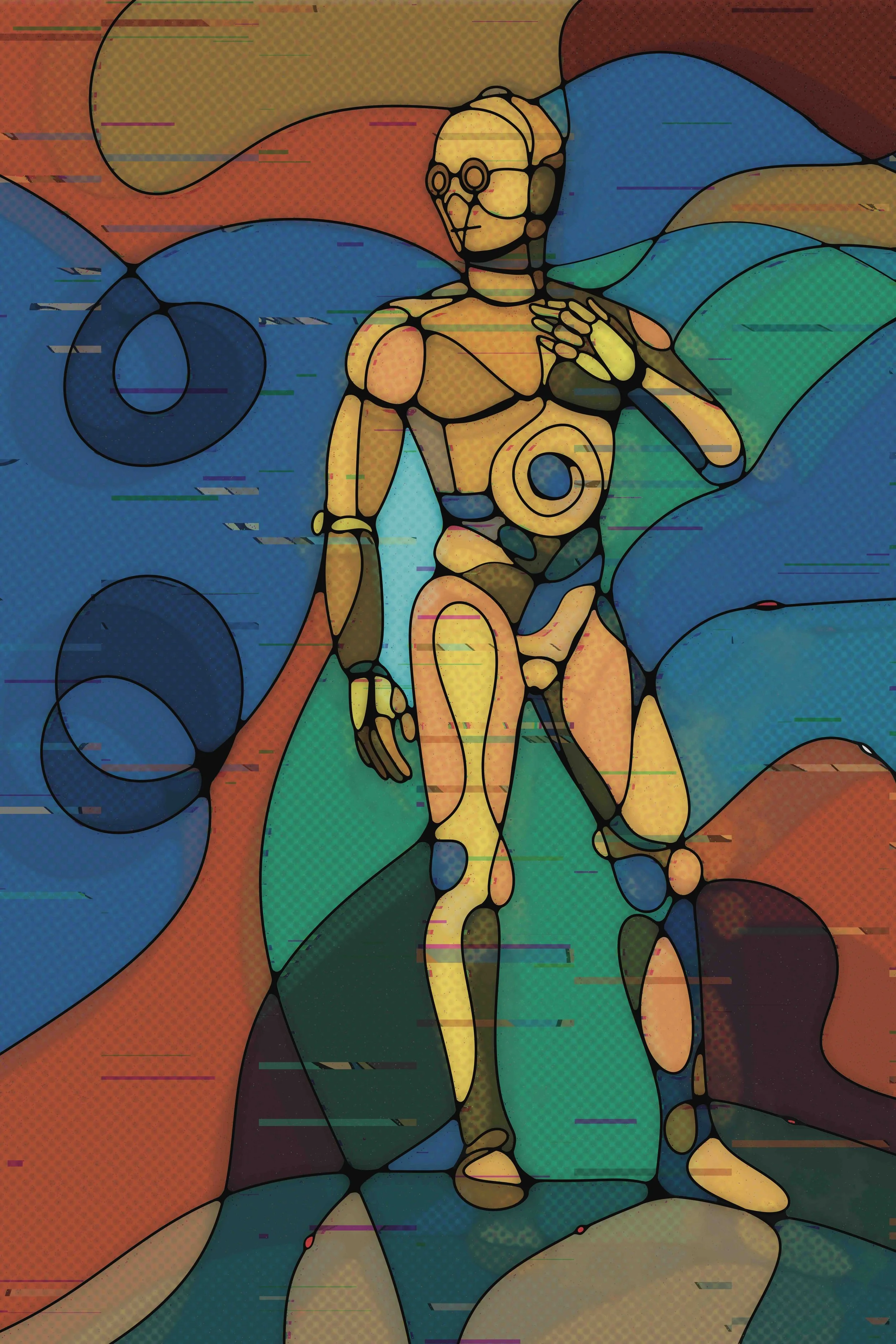 A stained glass style artwork of a humanoid robot with a vintage design, standing against a colorful abstract background with circular shapes.