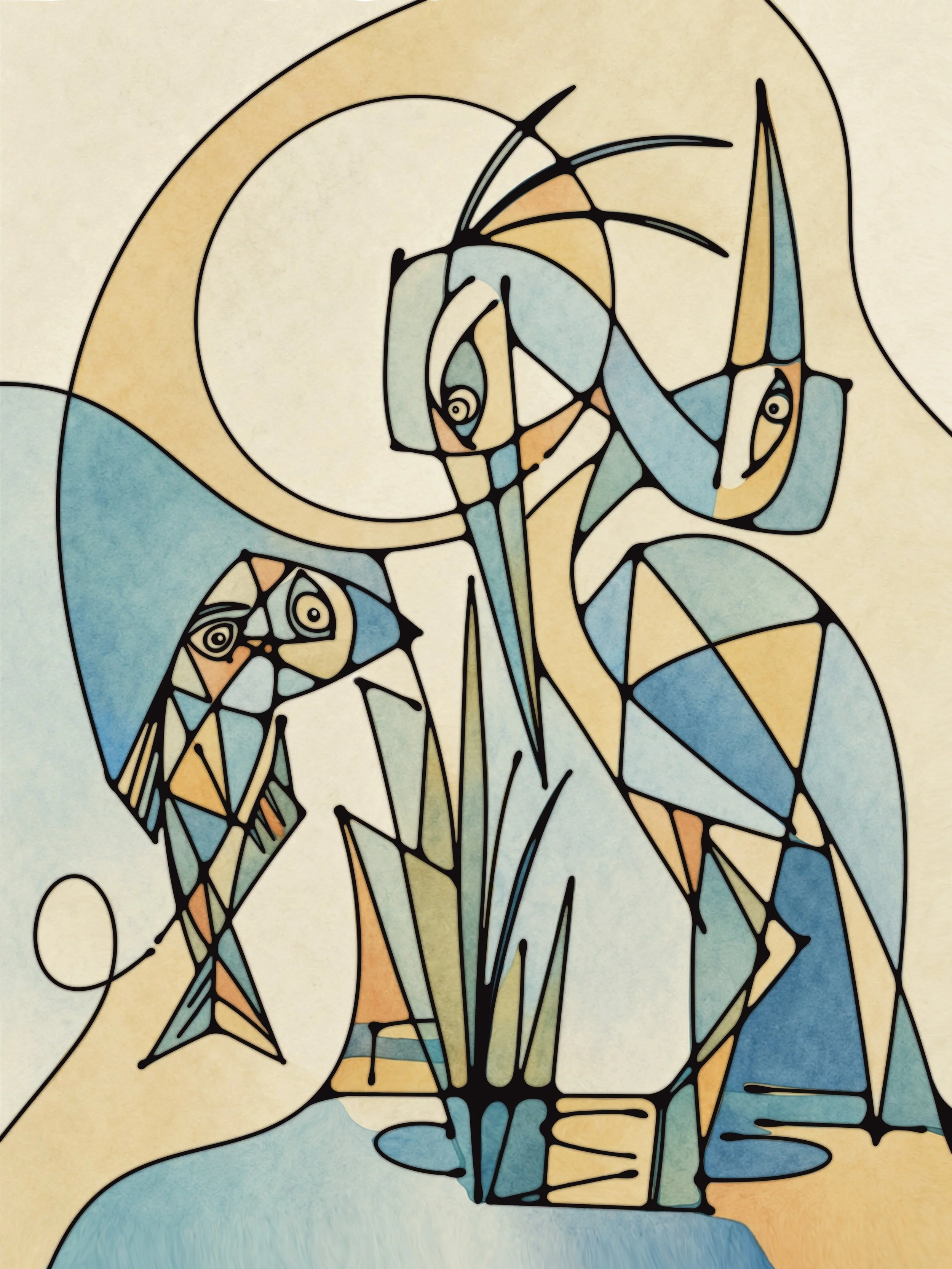 An abstract stained glass-style artwork of a toucan with a large beak, sitting on a branch, with a colorful background of blues, yellows, and oranges.
