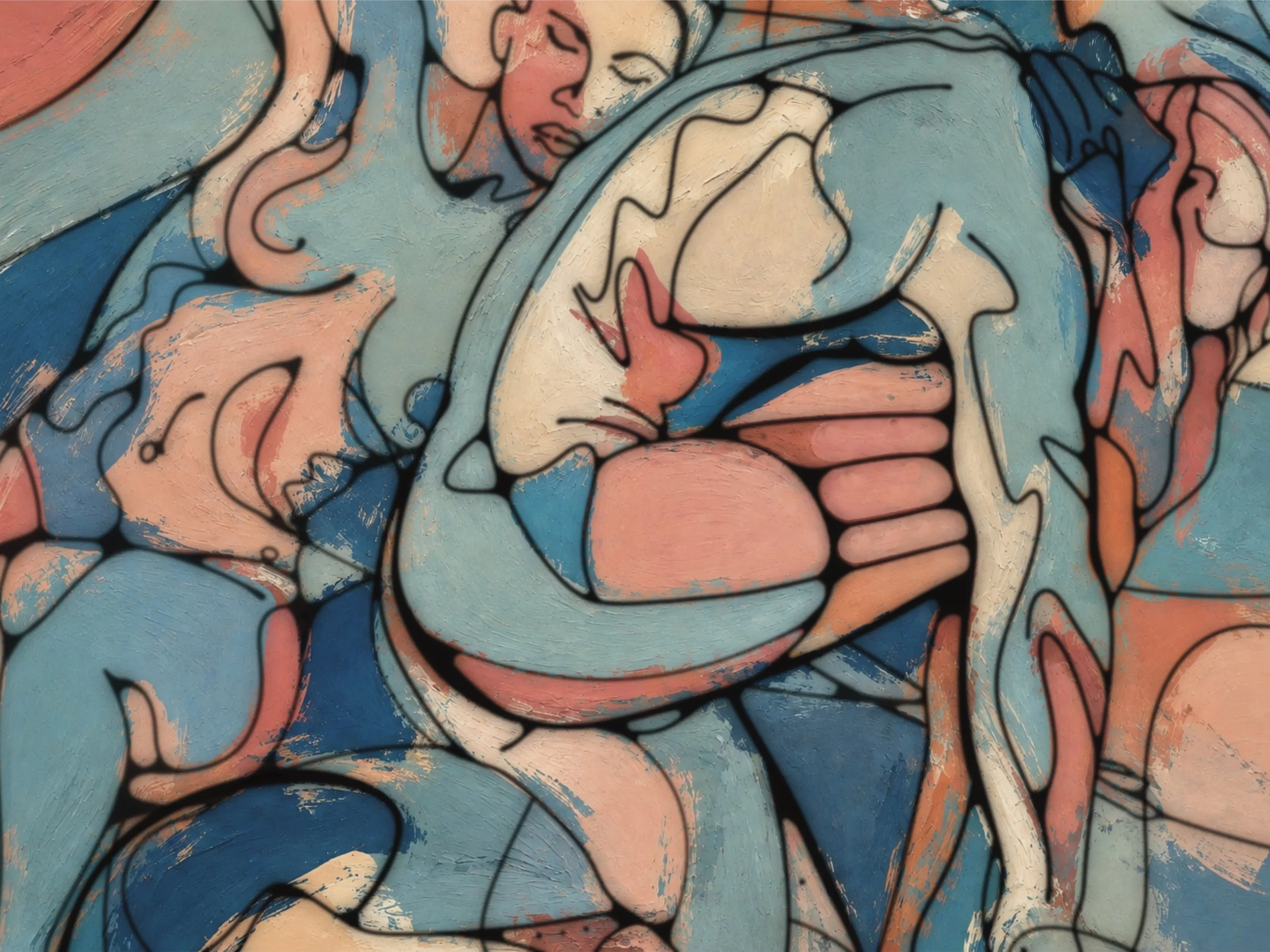 Colorful street art mural of a woman with closed eyes, resting her head on her hands, with expressive lines and textured background in pastel shades of blue, pink, cream, and peach.