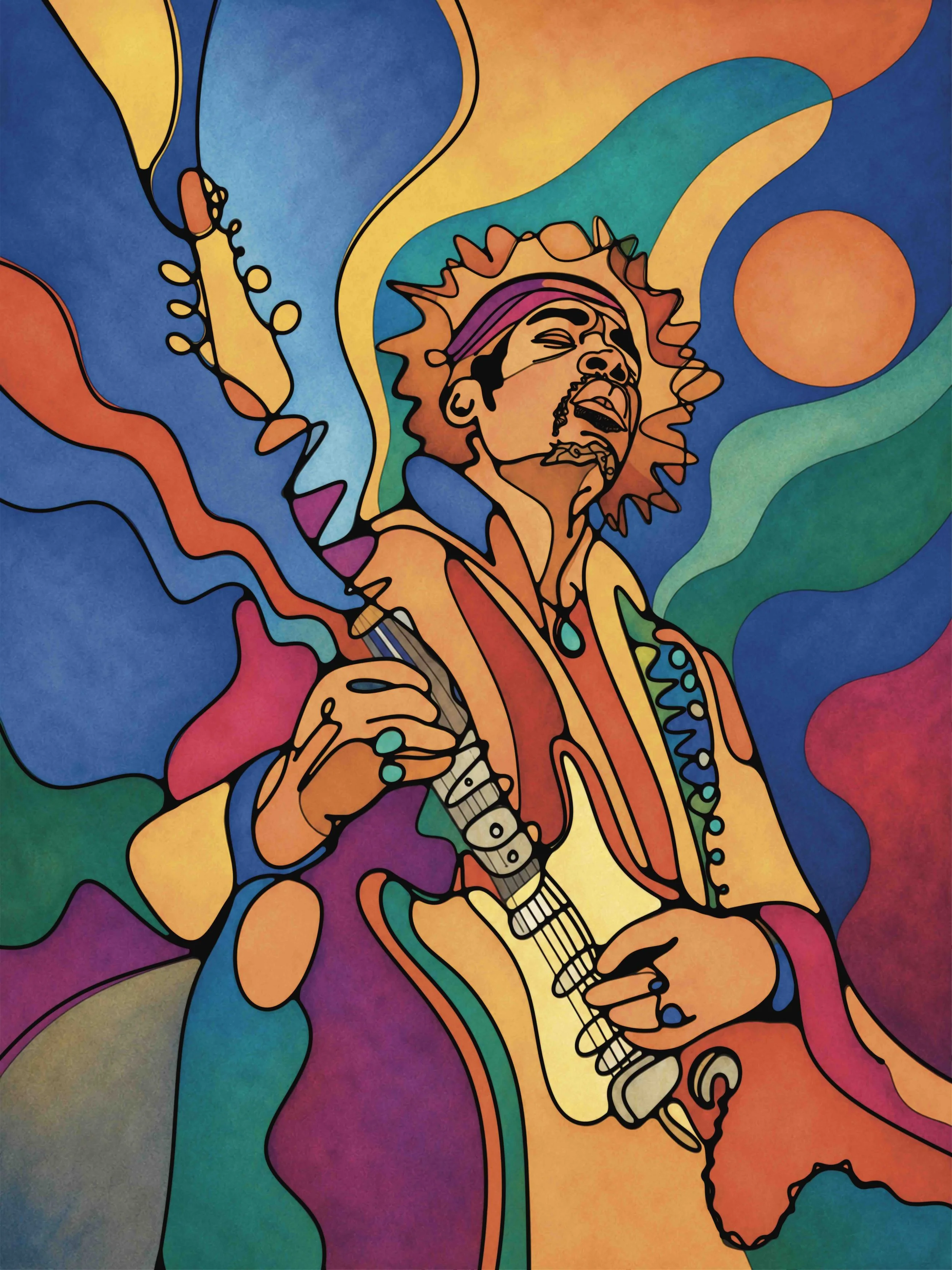 Colorful abstract artwork of a person playing the saxophone, with flowing shapes and vibrant colors including blue, orange, yellow, green, purple, and pink.