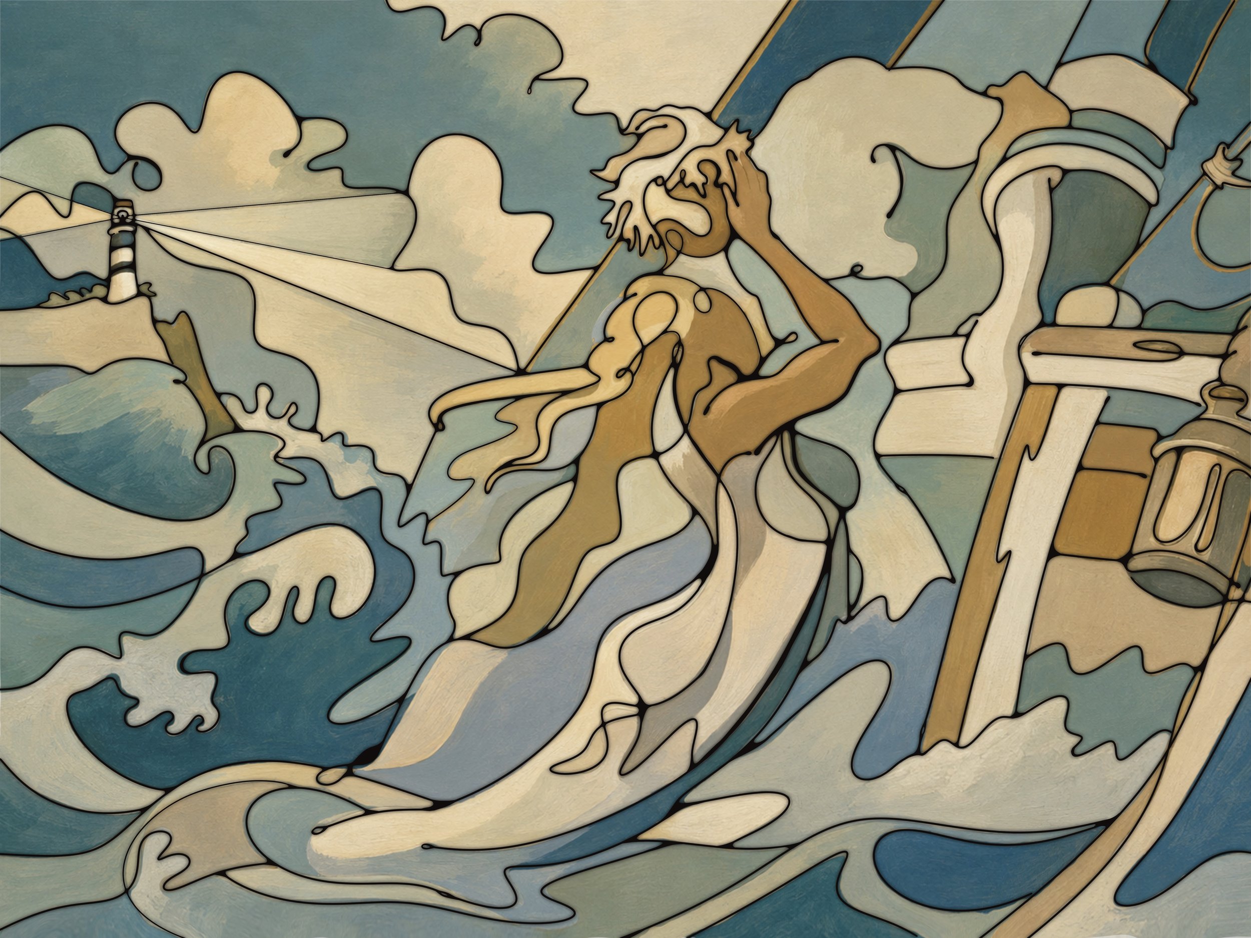 Colorful illustration of a person sailing a boat with over a stormy sea, with a lighthouse in the background and clouds in the sky.