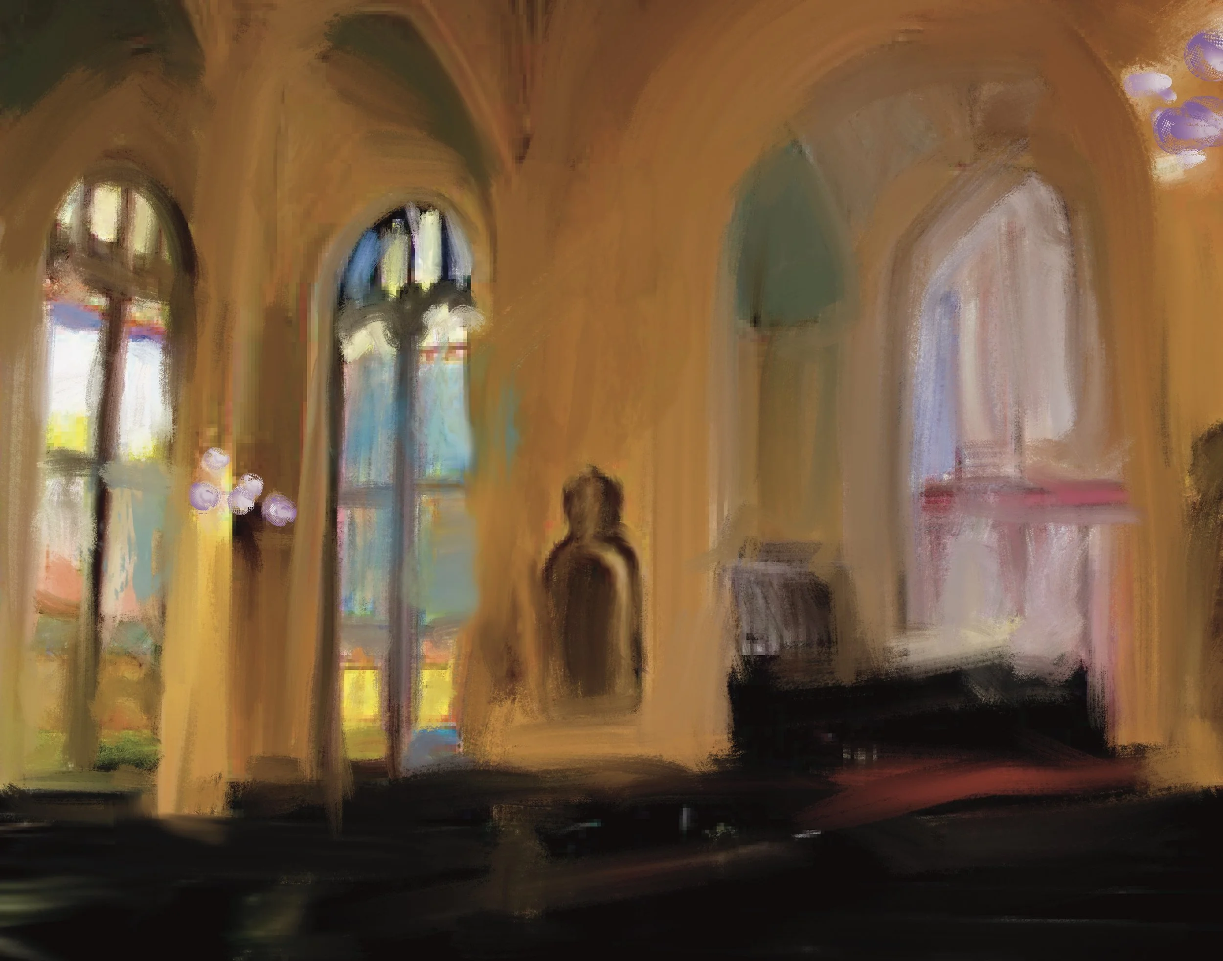 A blurry interior of a church or cathedral with arched windows and a person sitting with their back to the camera.