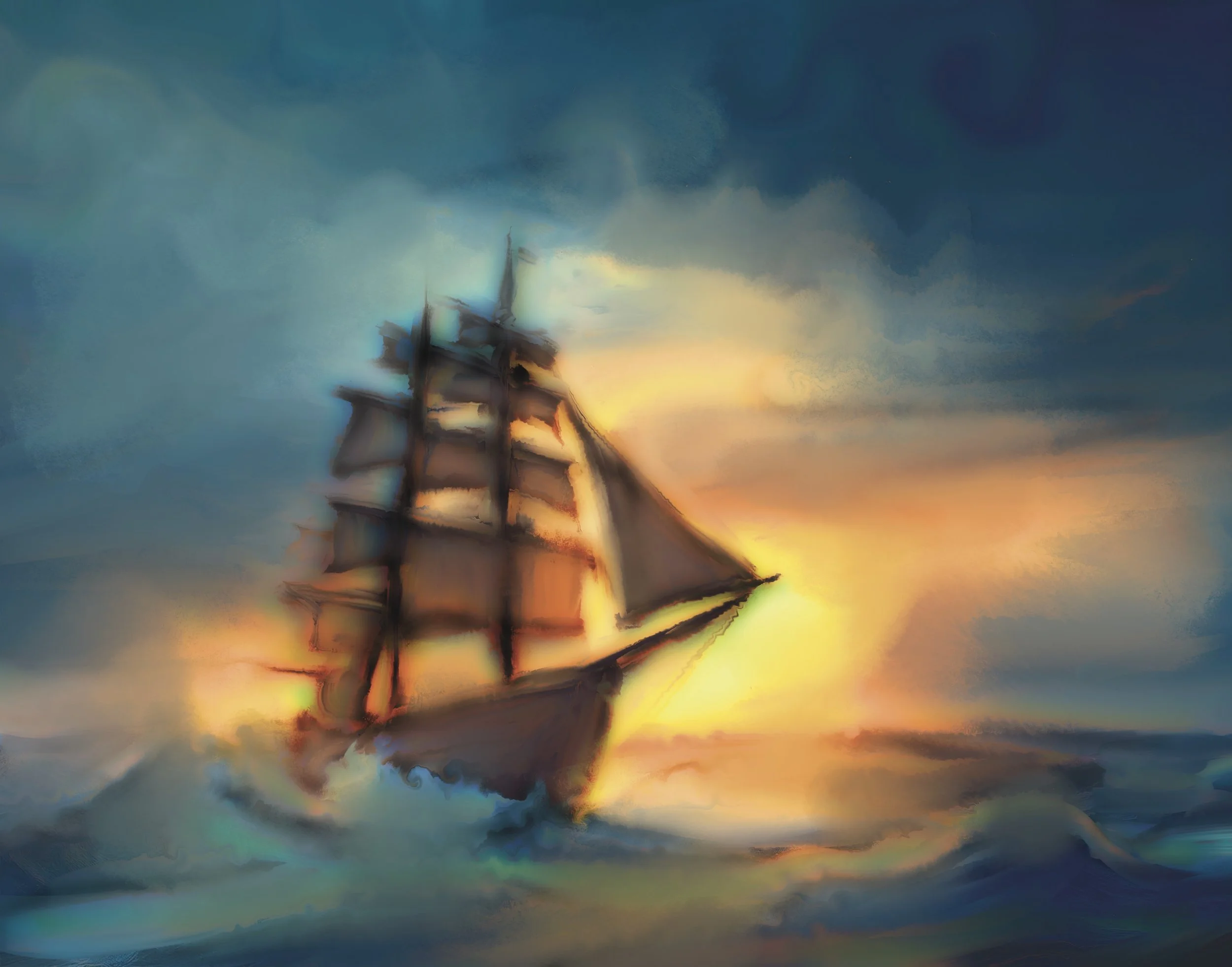 A digitally enhanced and artistic rendering of a sailing ship set against a vibrant, colorful sky at sunset with dramatic clouds.