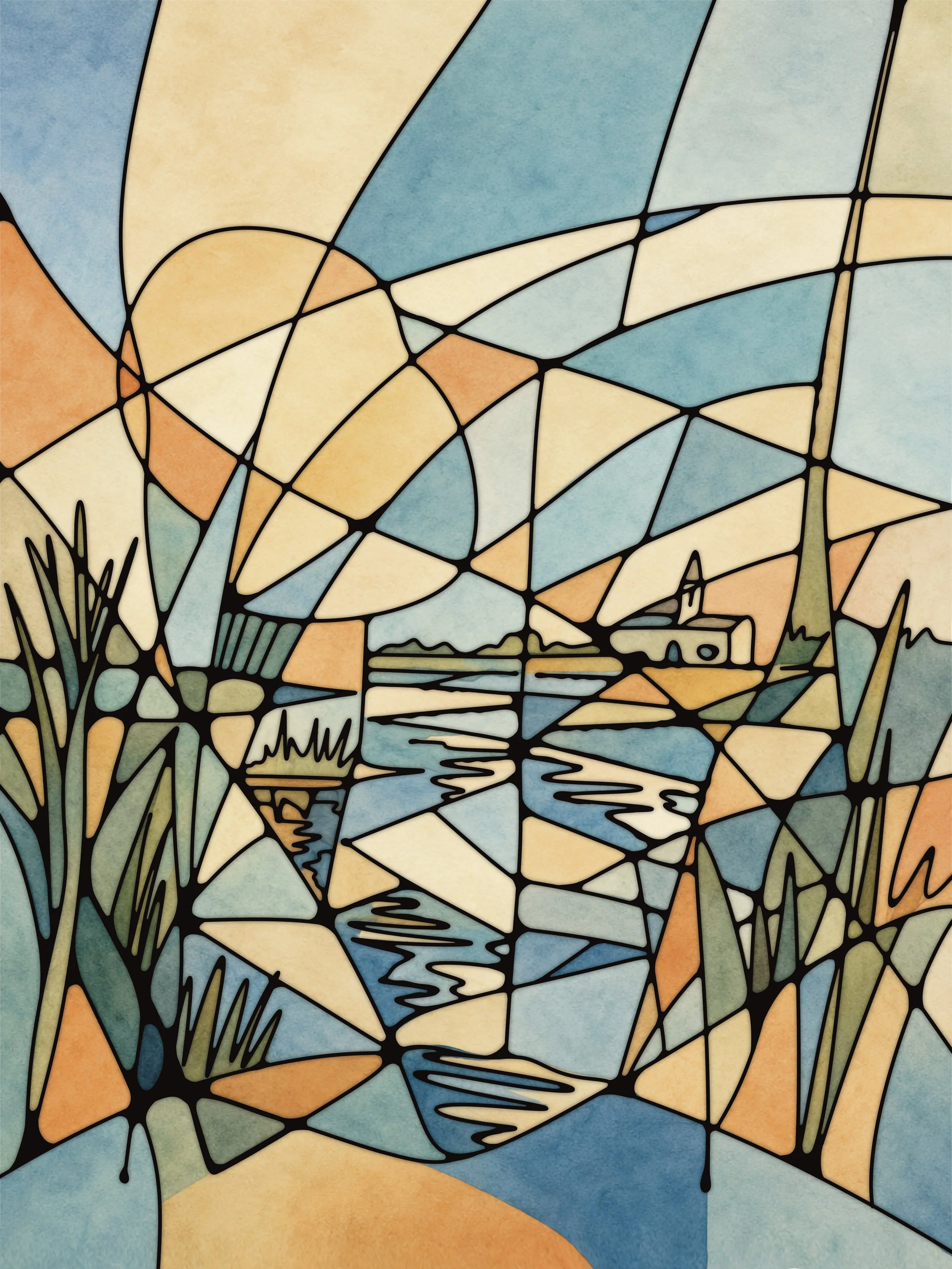 An abstract stained glass window featuring a landscape with water, grass, and sky in shades of blue, orange, and green with black outlines.