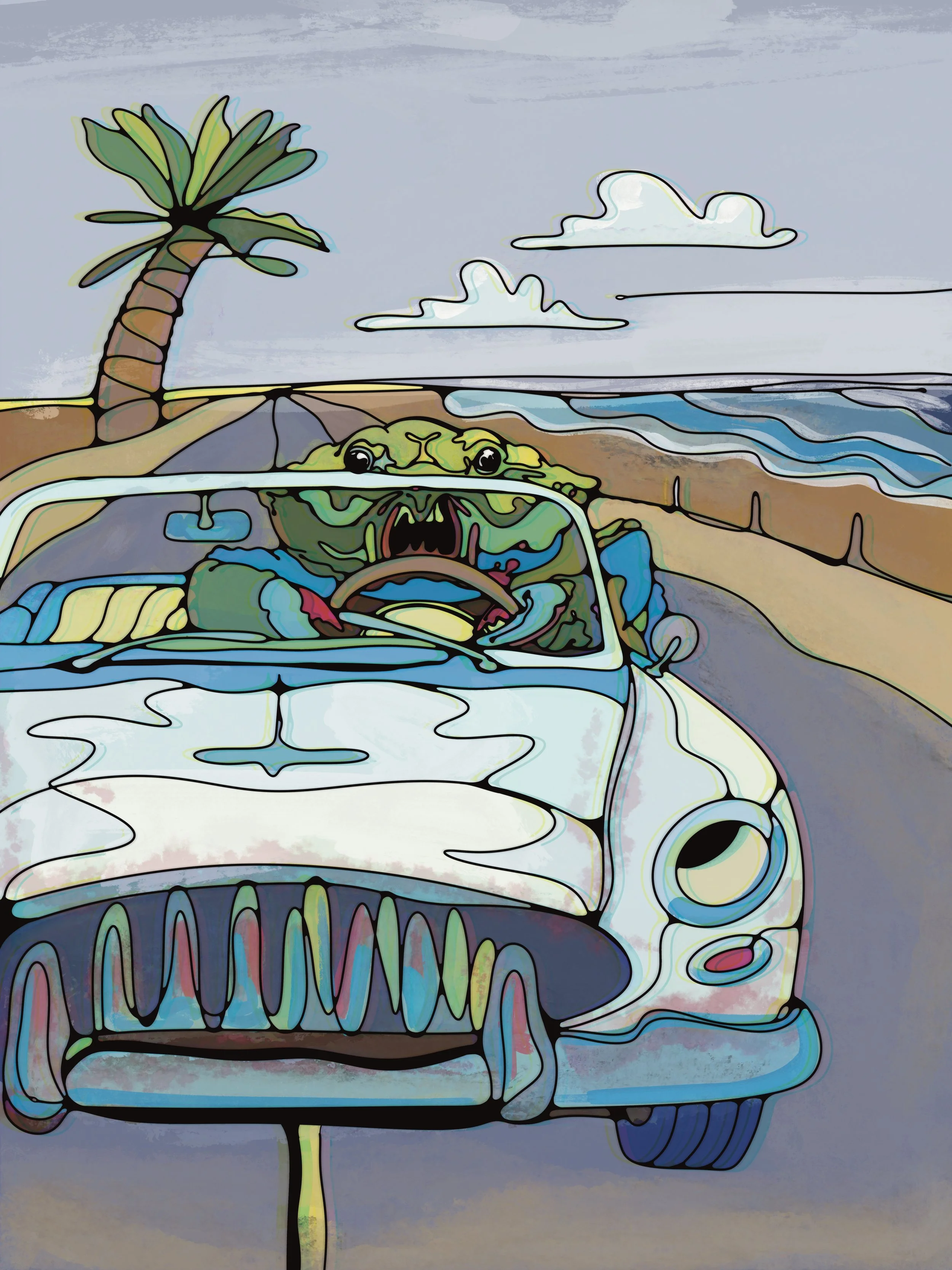 A stylized drawing of a convertible car with a frog sitting in the driver's seat, a palm tree on the left, and clouds in the sky.