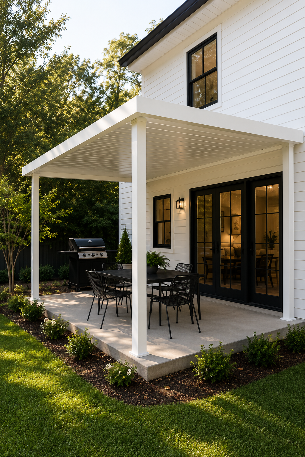 Custom aluminum patio awning attached to a modern home in South Carolina