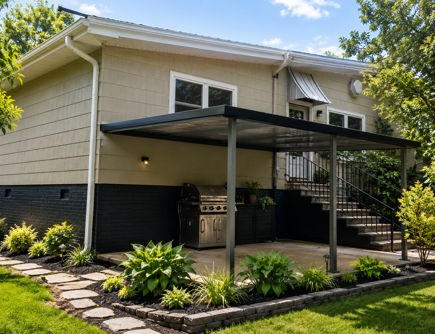 Modern aluminum awning covering an outdoor kitchen and patio space
