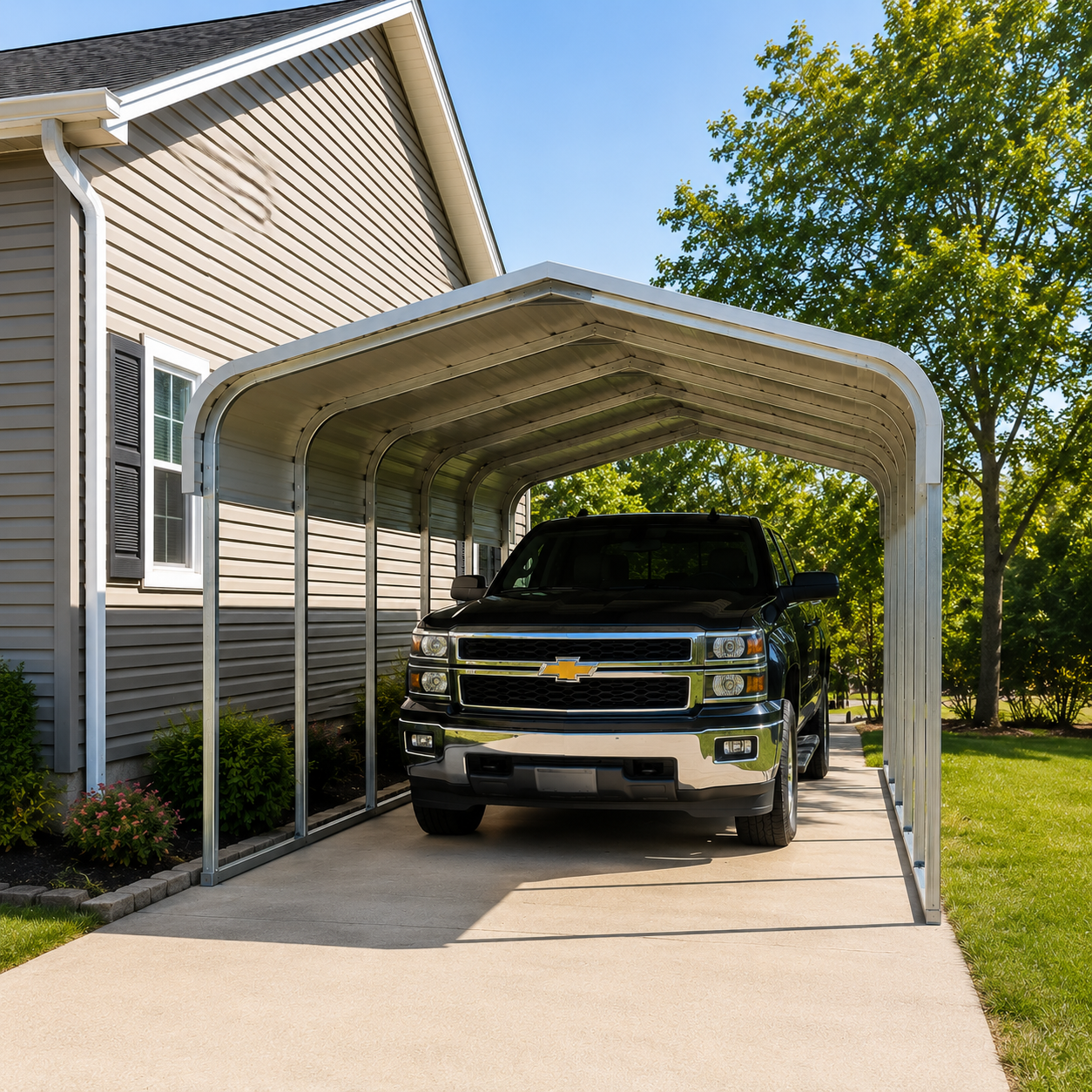 Curved residential metal carport attached beside a home in South Carolina