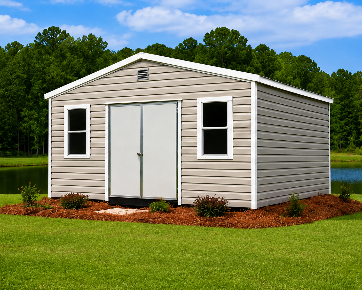 Aluminum portable storage building with double doors in South Carolina
