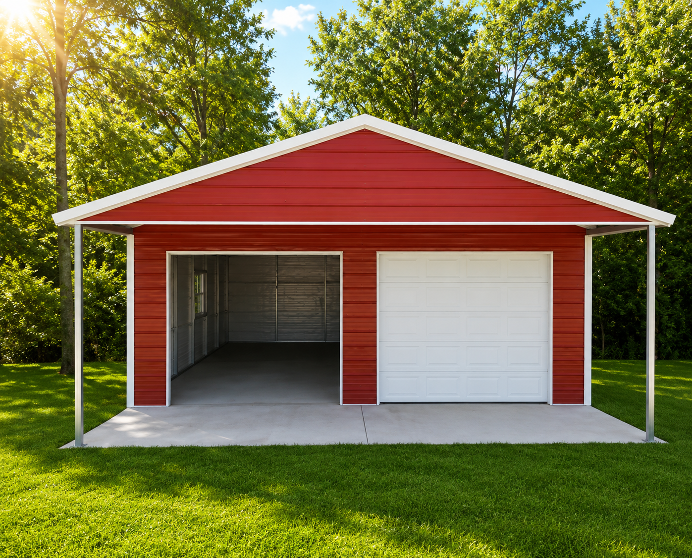 Custom red metal garage building with roll-up door in South Carolina